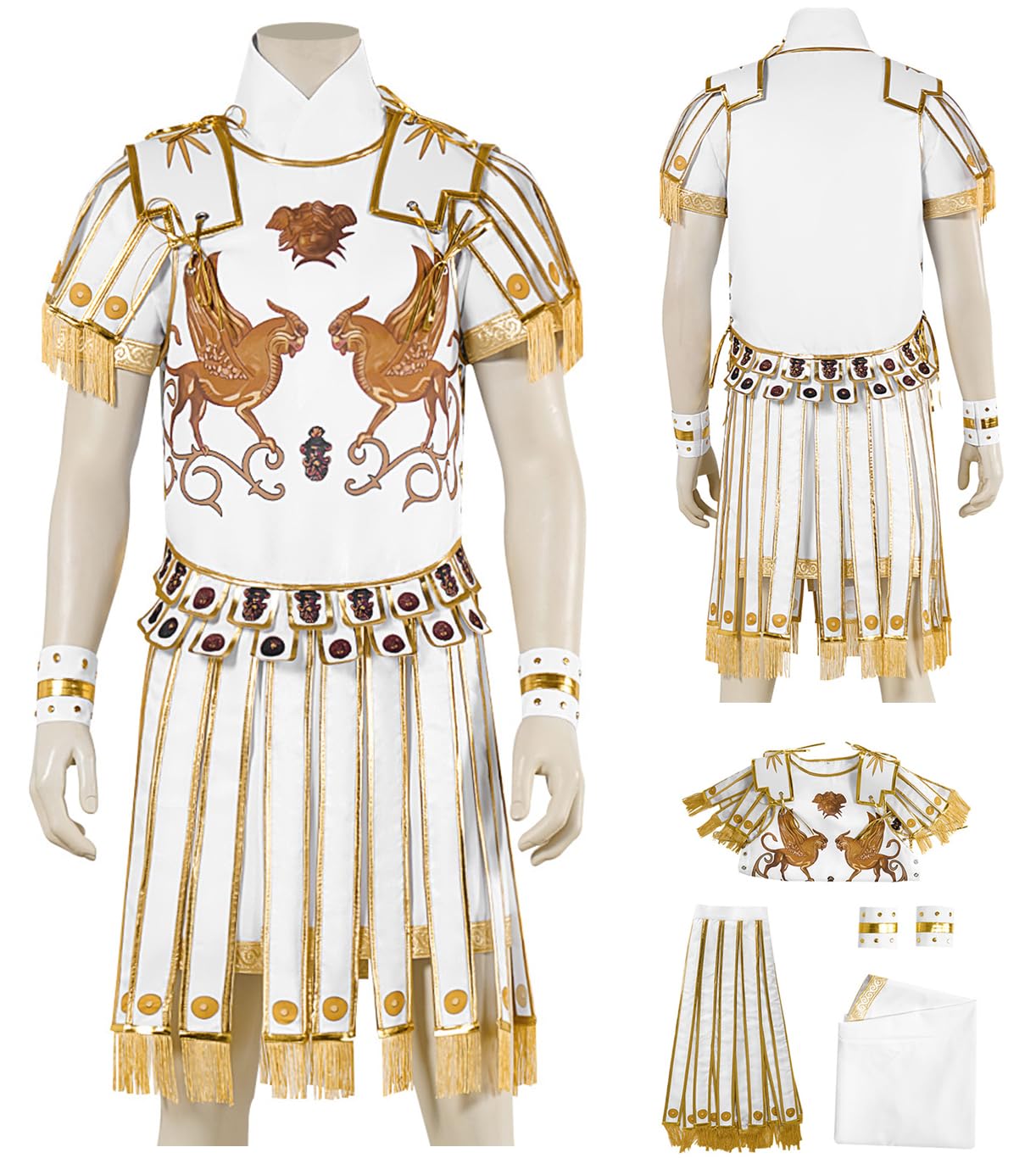 Cnulaueu Mens Gladiator Marcus Cosplay Costume Roman Warrior Armour Top Skirt Halloween Outfit Combat Uniform Suit (White, Medium)