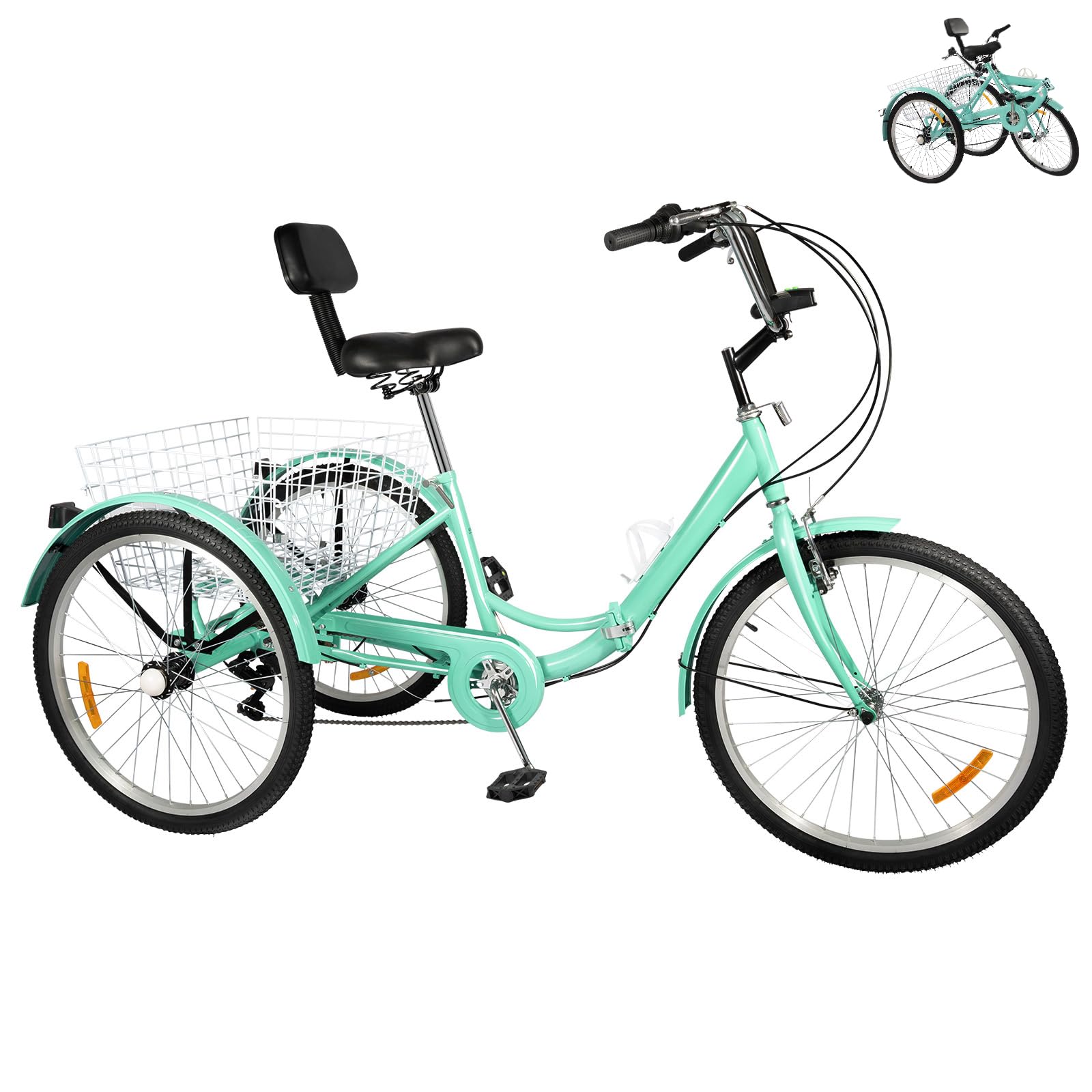 Triciclo para adultos, 24 pulgadas, 7 velocidades, plegable, con soporte para bebidas, luz frontal, 3 ruedas, 210 kg, compras y ocio, color verde