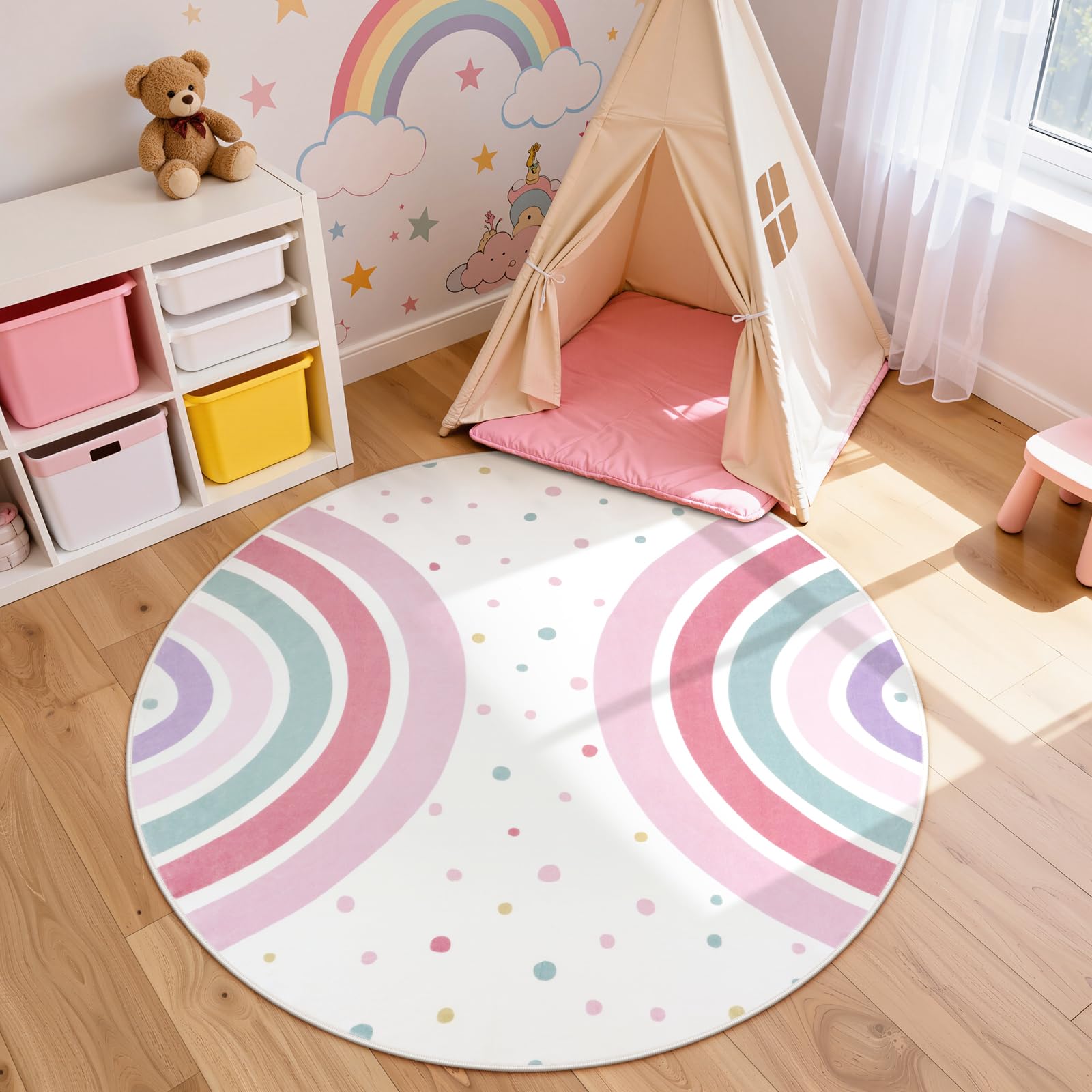 STARUIA Różowy okrągły dywan dla dziewczynek, 1,5 m tęczy, do pokoju dziecięcego, zmywalny kolorowy dywan do sypialni, miękka mata antypoślizgowa w kropki, do pokoju dziecięcego, zamek księżniczki