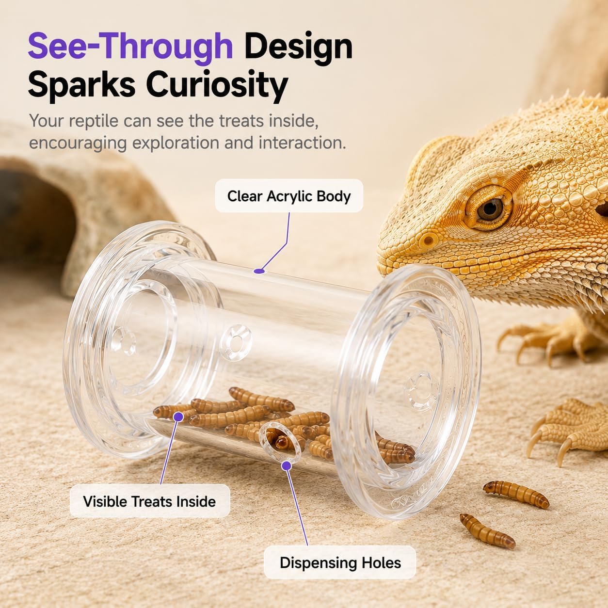 2 Pack Reptile Rolling Feeders with 2 Feeding Tweezers, Transparent Mealworm Treat Dispenser Toy for Bearded Dragons, Leopard Geckos, Lizards and Small Reptiles