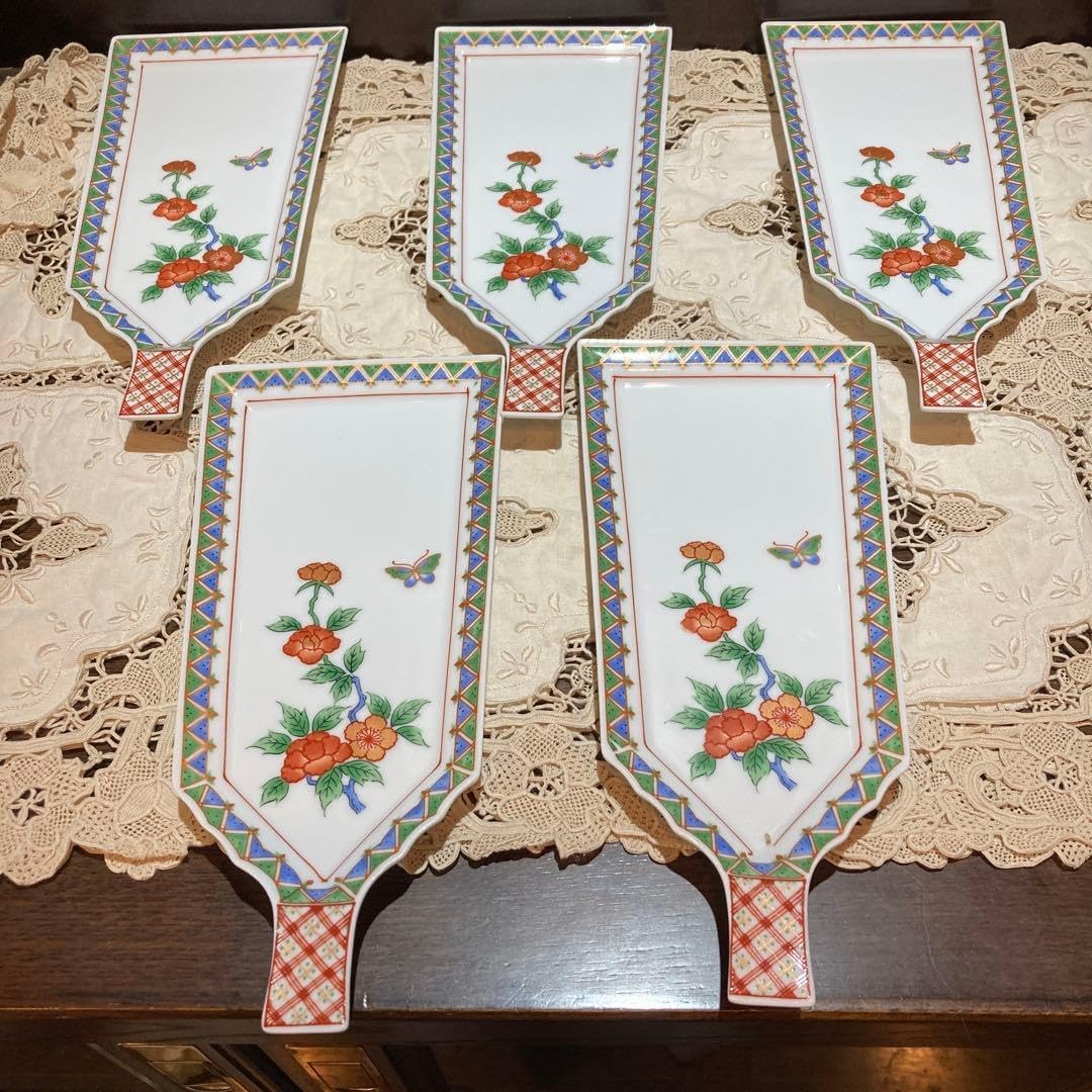 美濃焼 前畑陶器 庫山窯 羽子板銘々皿 5枚セット 金彩 お正月 赤絵 有田焼 羽子板 庫山窯 庫山焼 銘々皿 5枚セット 美濃焼 前畑陶器