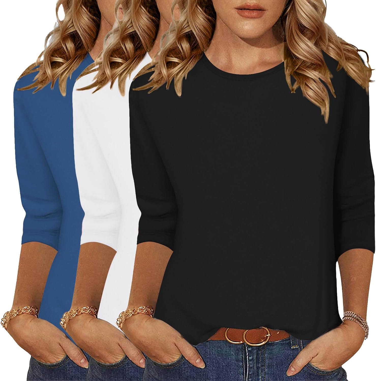 Zeagoo Women Tops 3 Pack 3/4 Sleeve Crewneck Cute Basics Tees Casual Fashion Spring Summer T Shirts Business Work Tee Top