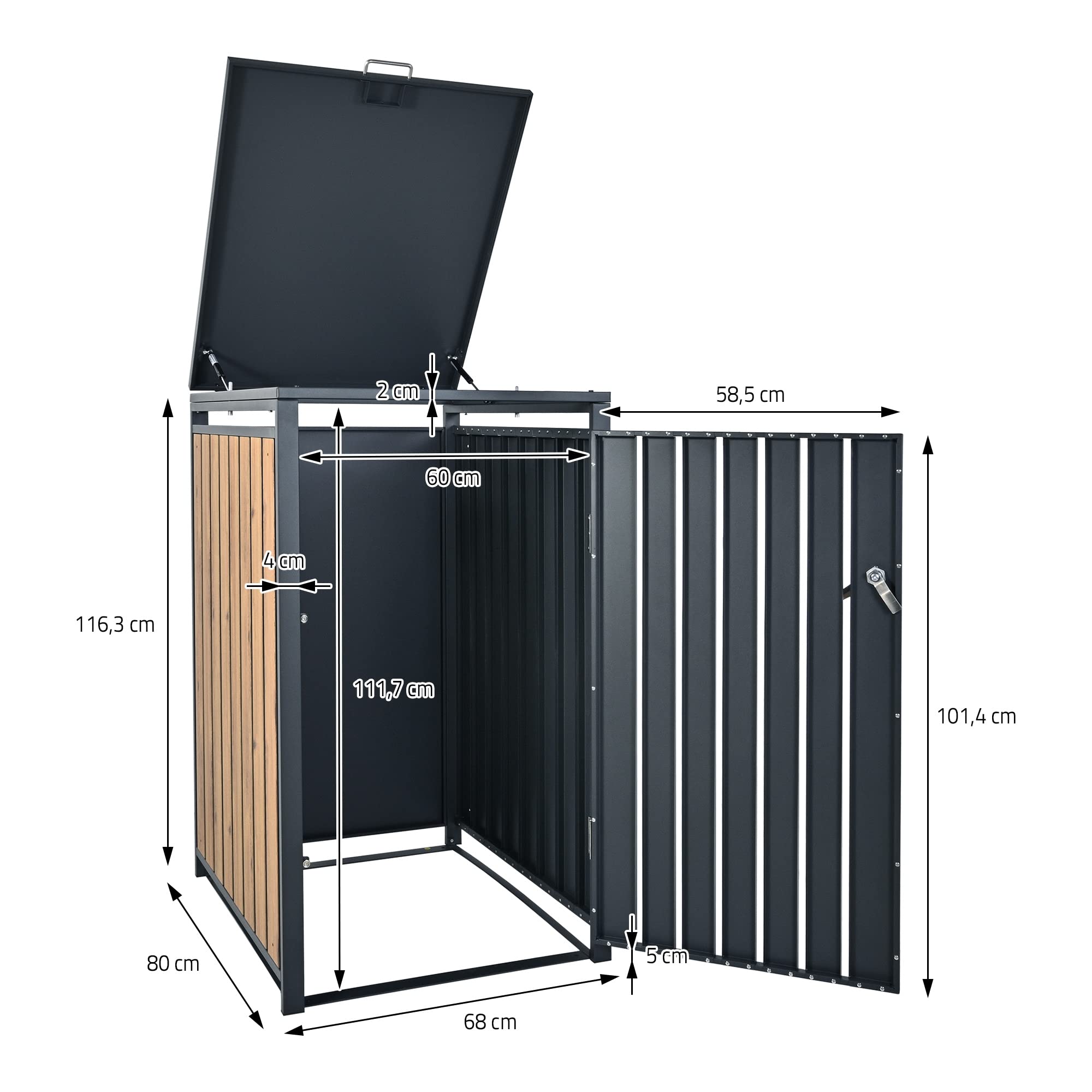 ML-Design Box pour 1 Poubelle, 240L, 68x80x116,3 cm, en Acier, Anthracite/Aspect Chêne, Résistant aux Intempéries, Habillage de Poubelle avec Couvercle Rabattable/Porte, Conteneur Abri Hangar