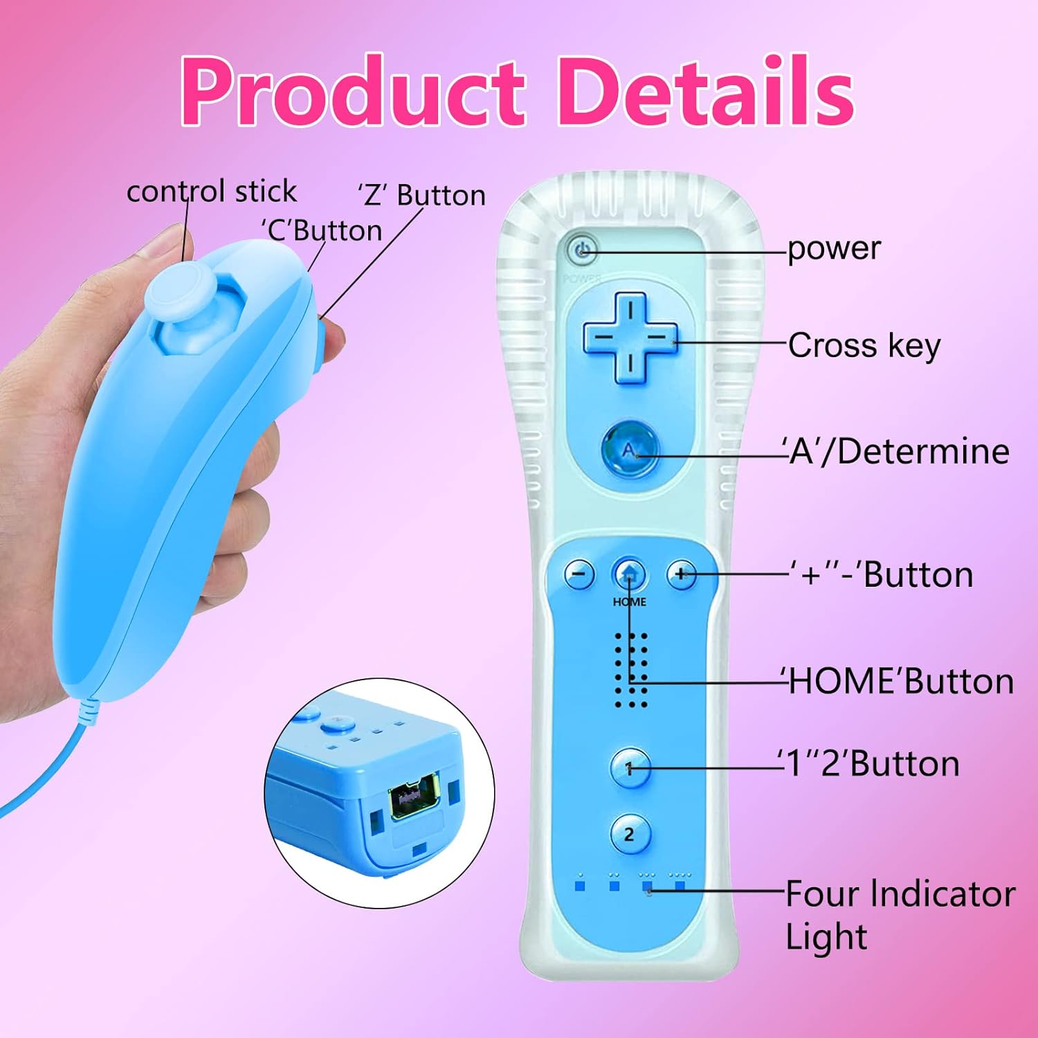 Wii Controller, KDYGPDCT 2 Packs Wii Controller and Wii Nunchuck for Wii and Wii U Console, with Silicone Case and Wrist Strap (Ice Blue + Rose Gold)