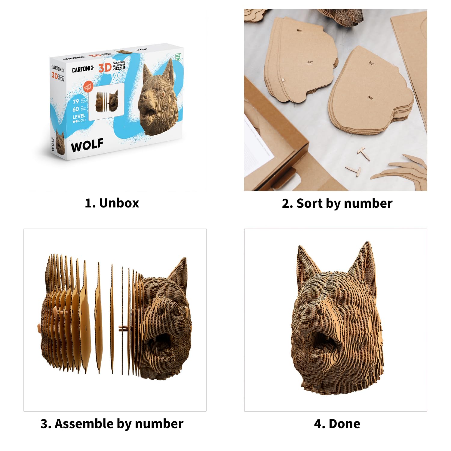 Loup Puzzle 3D en Carton – Maquette à Monter | 79 Pièces, 18 × 18 × 12 cm – Kit Sculpture DIY à Peindre, Matériaux Recyclés, Ados & Adultes, Idée Cadeau Déco