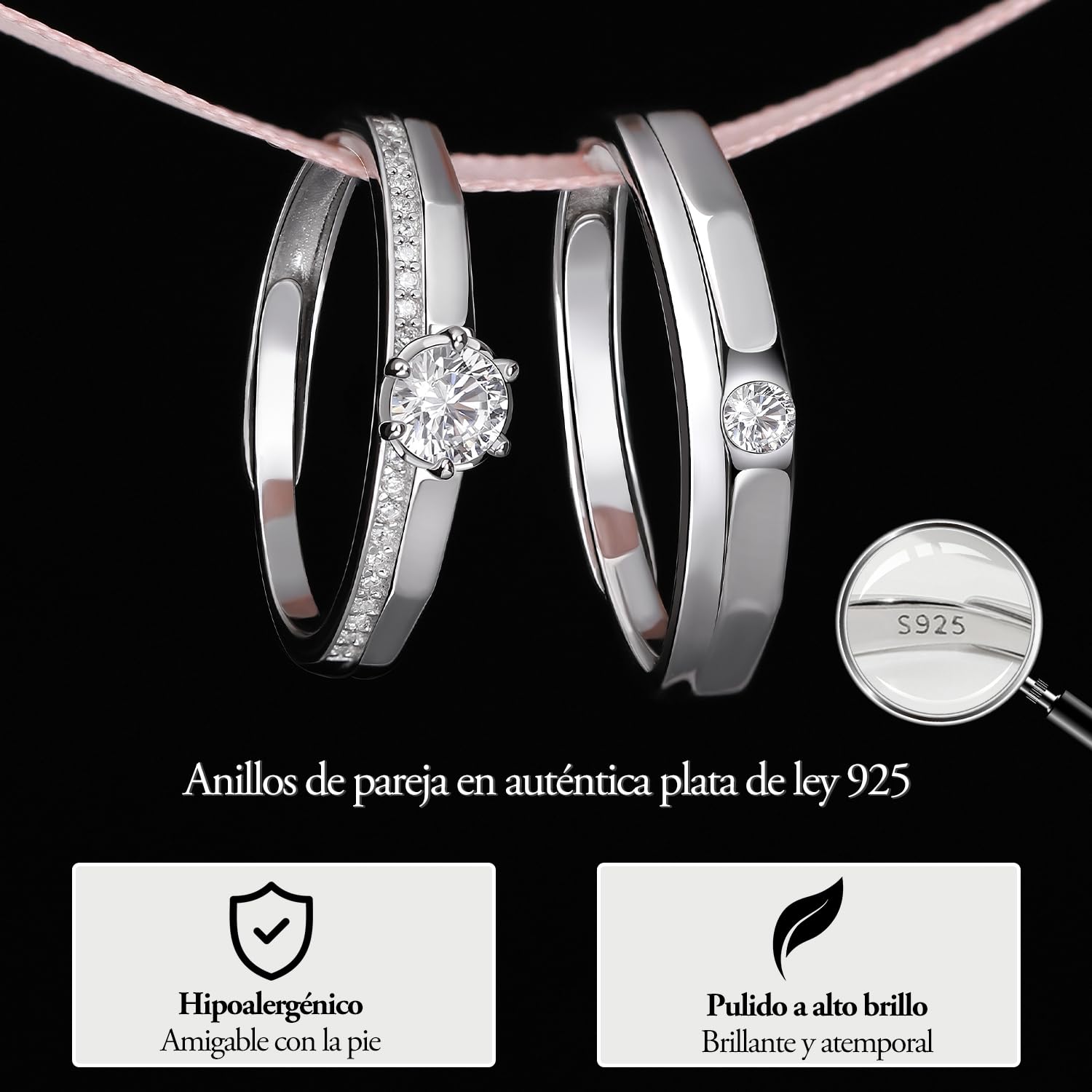 Meissa Anillos de Compromiso Alianzas de Plata Pareja de Ley 925 Con Circonita Redonda y Diseño Clásico Anillos Ajustables para Ella y Él Boda Aniversario Regalo