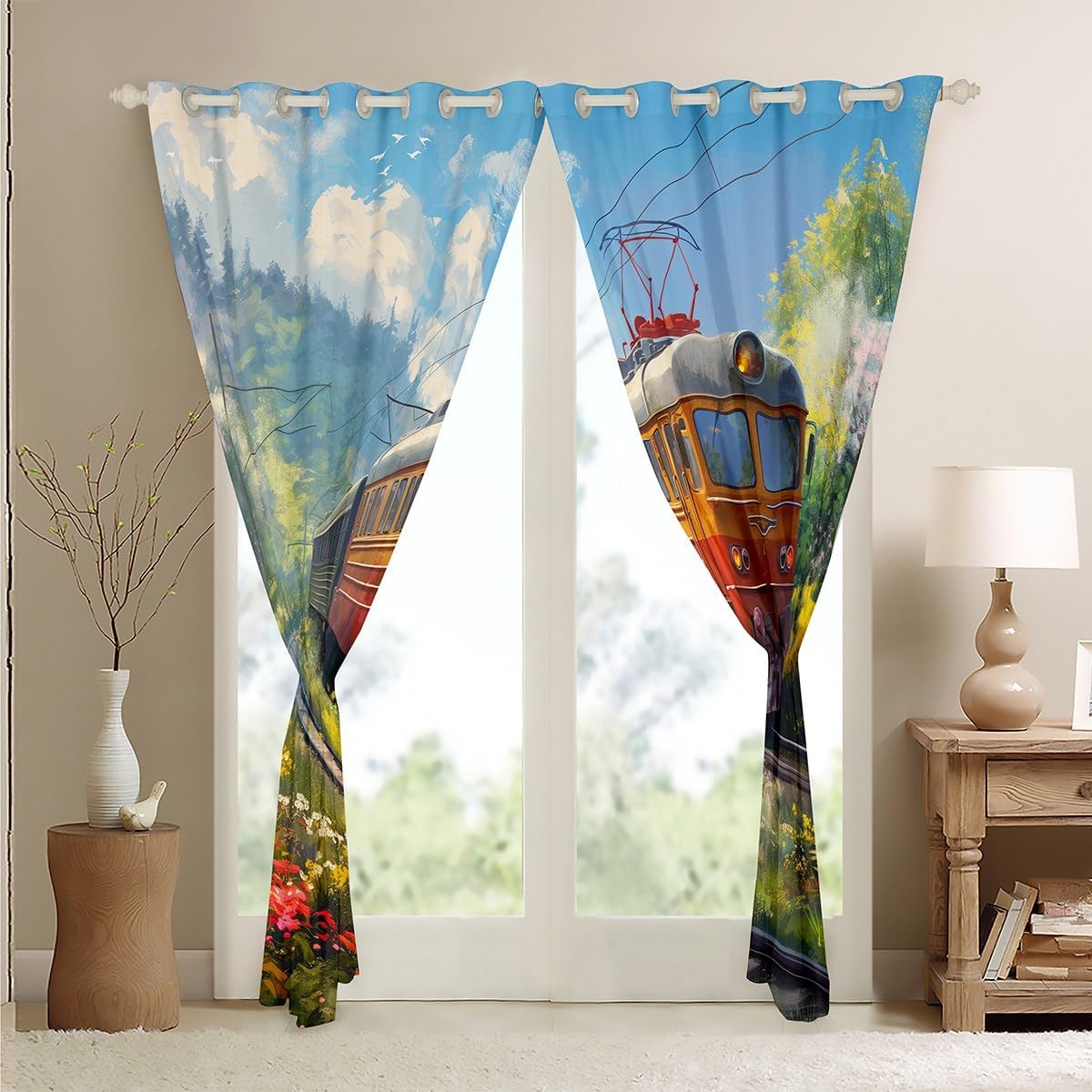 Erosebridal Watercolor Train Curtains Steam Engine Blackout Curtains 84x90 Oil Painting Living Room Curtains Rainbow Botanical Floral Window Curtains Hand Drawn Car Theme Room Décor for Kids Boys