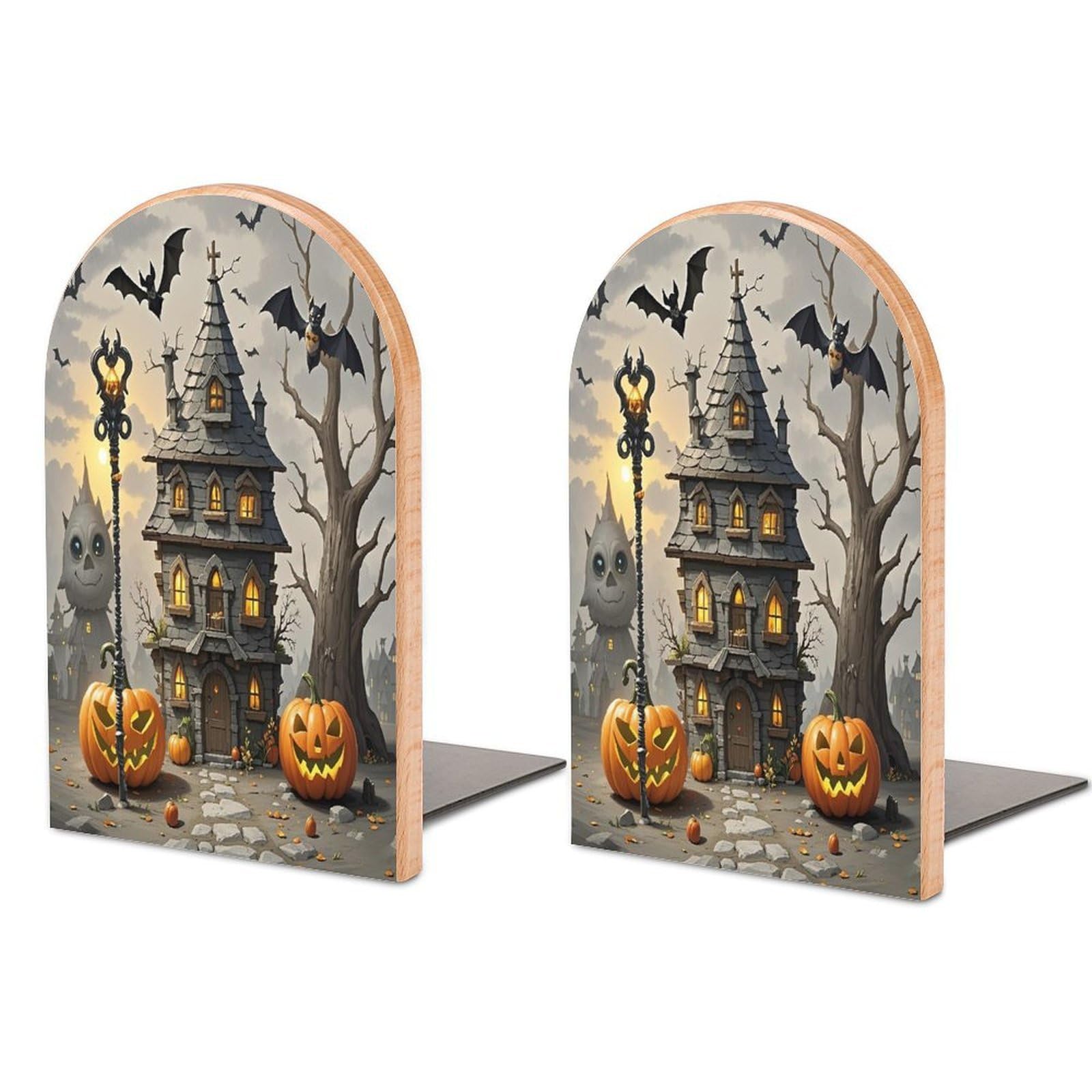 Pumpkin Haunted House Bookends 1 Pair Heavy Duty Book Ends for Shelves Non-Skid Bookend Supports Wooden Book Holders with Metal Base Desk Organizers Books Storage to Hold Books