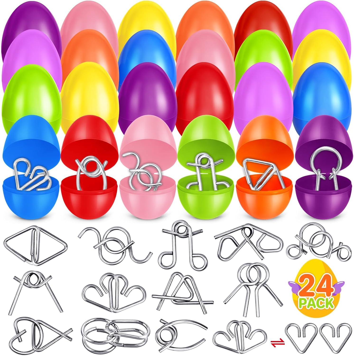 24 Pack Easter Basket Stuffers,Easter Eggs Filled with Metal Brain Teaser Puzzles Fidget Toys for Kids Party Favors Prefilled Easter Eggs with Toys,Filled Eggs For Easter Egg Hunt,Classroom Prizes