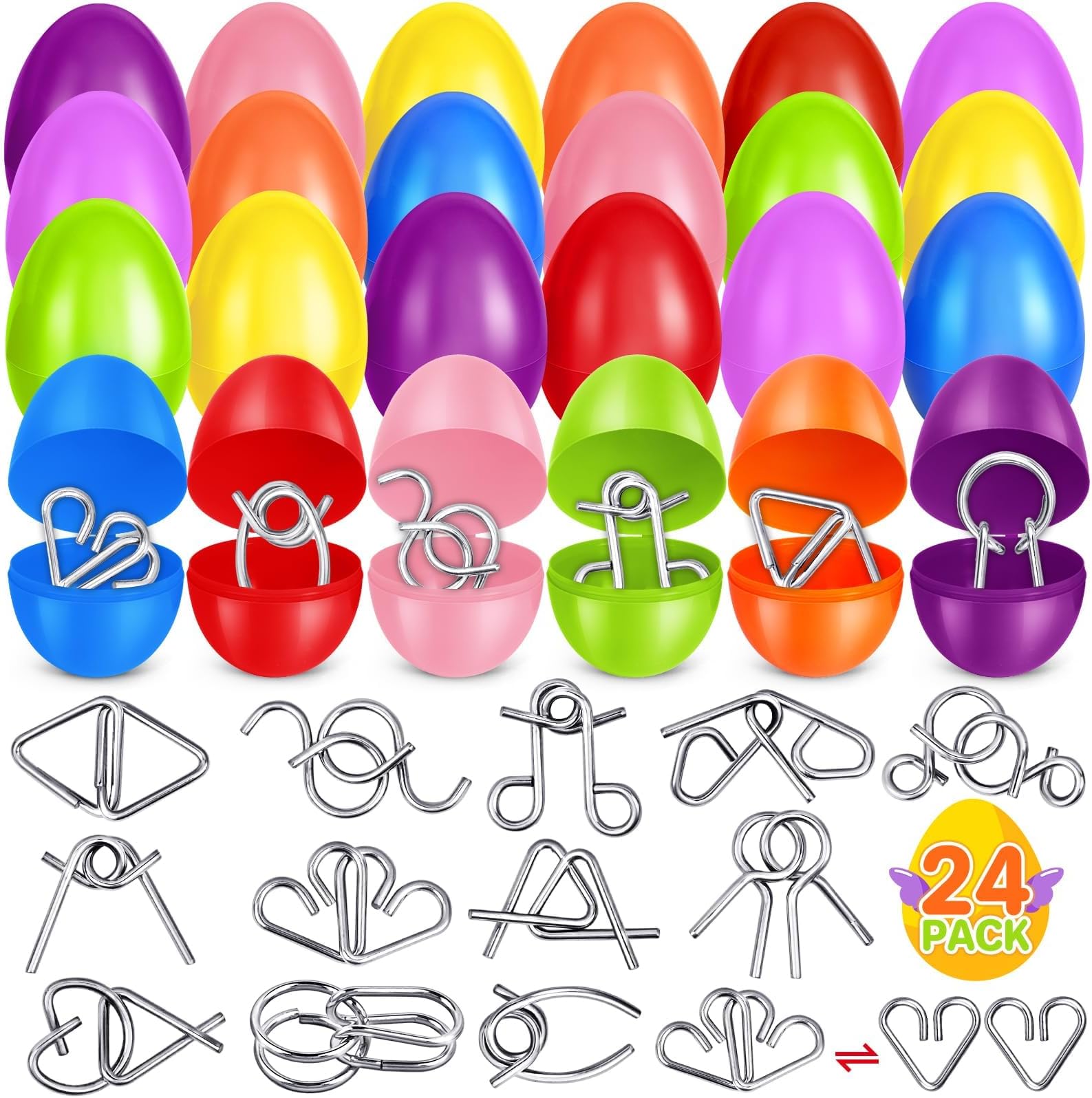 24 Pack Easter Basket Stuffers,Easter Eggs Filled with Metal Brain Teaser Puzzles Fidget Toys for Kids Party Favors Prefilled Easter Eggs with Toys,Filled Eggs For Easter Egg Hunt,Classroom Prizes