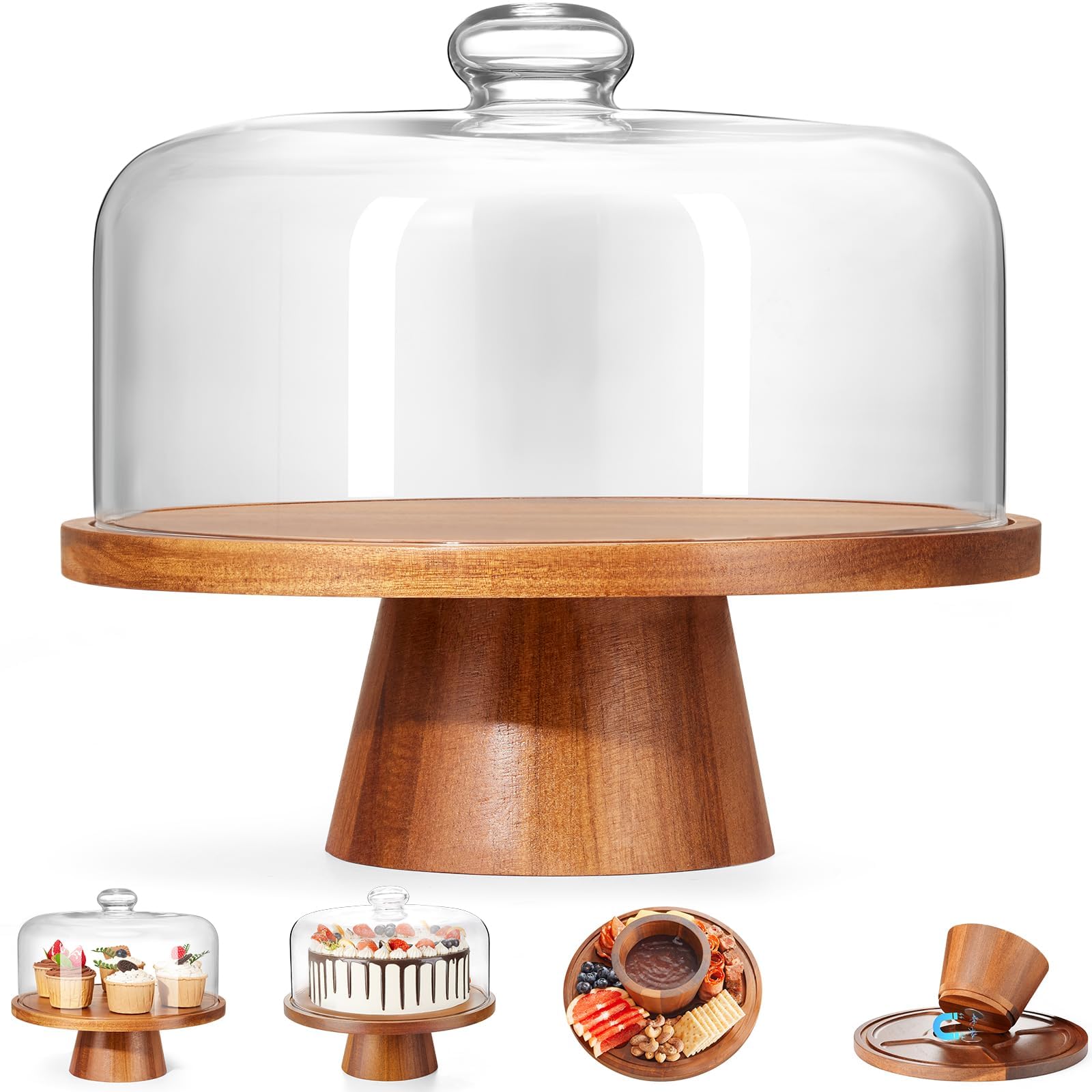 Yangbaga Wood Cake Stand with Glass Dome, 2-in-1 Magnetic Cake Stand with Lid-Multifunctional Cake Plate with Cover for Birthday/Kitchen/Party/Charcuterie Board 11IN