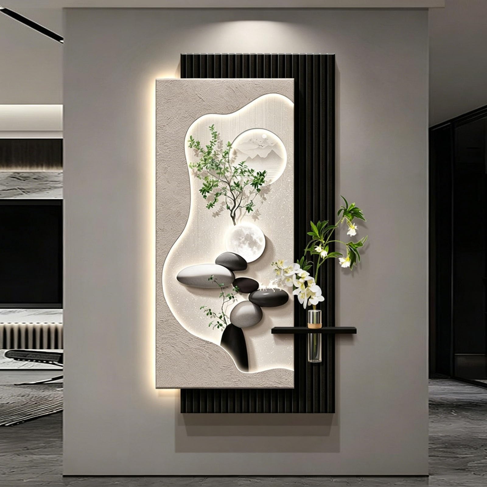 KEIFCUACLA 3D Visual-Effect Sandstone Wall Art,LED Warm-Light Artistic Sculpture (with Shelf And Glass Bottle),Ideal Wall Decor For Living Rooms And Bedrooms(B,70 * 140cm/27.6 * 55.1in)