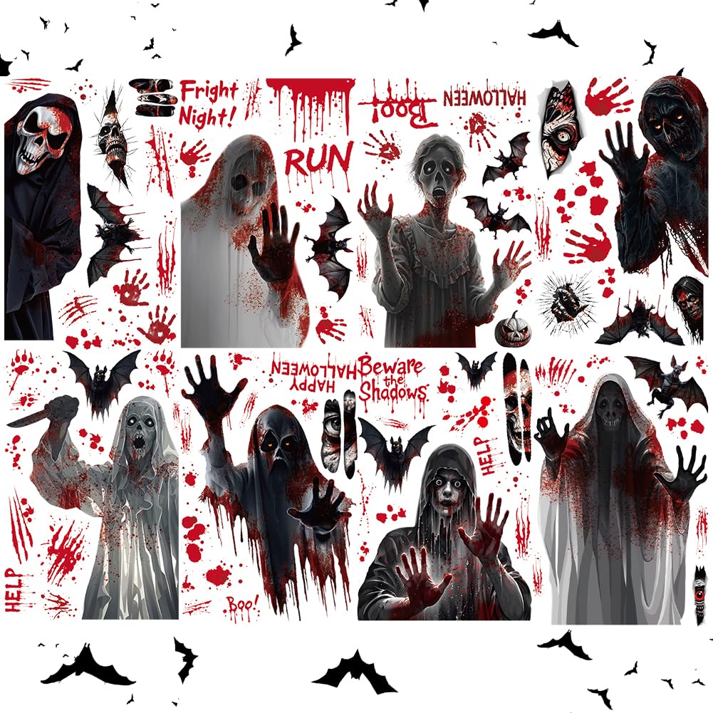 Halloween Scary Window Decorations, Removable Electrostatic Halloween Window Sticker, Double Sided Window Decals, Scary Accessories for Party, Party Decor Supplies (8 Sheets)