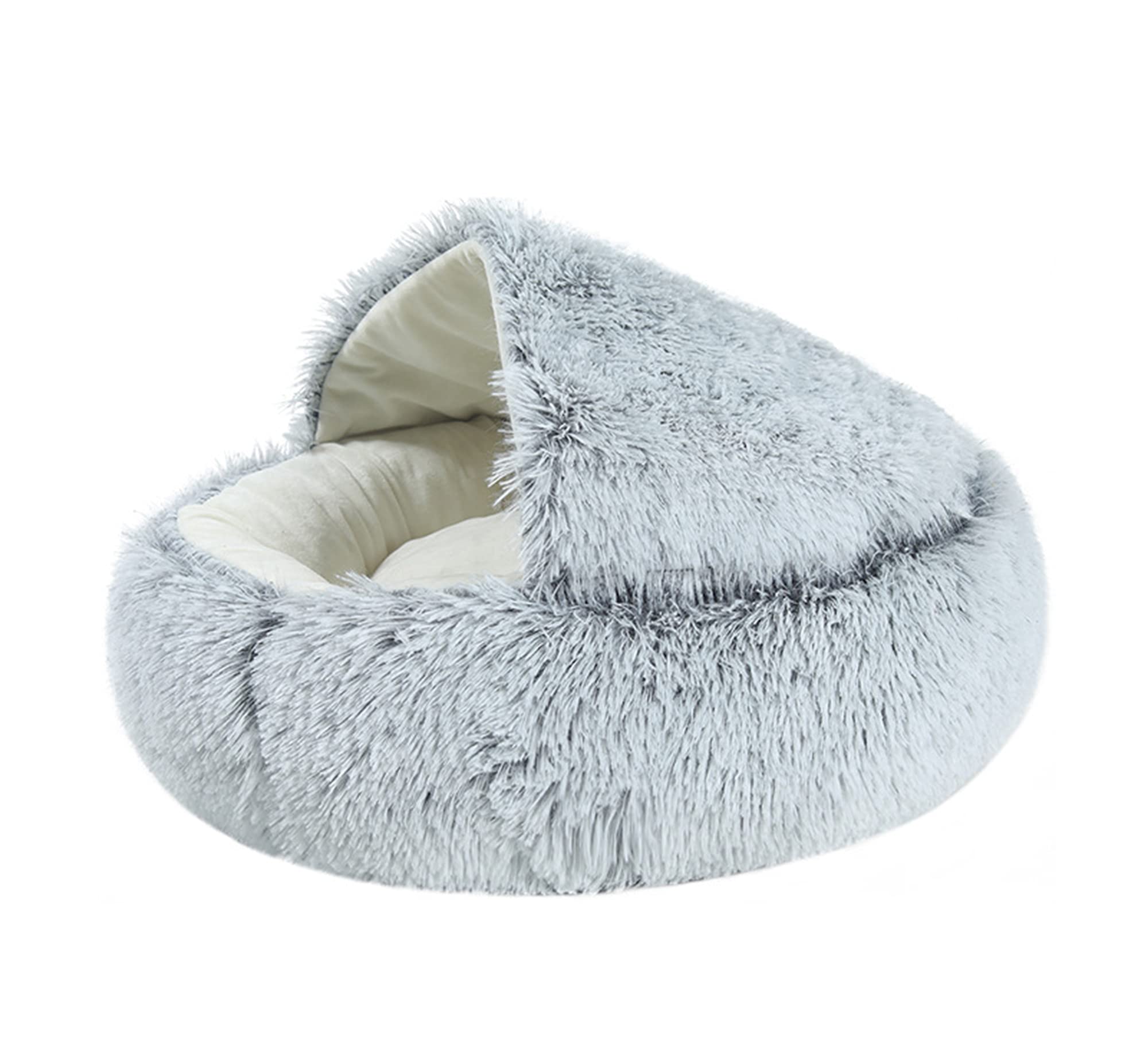 Fluffy Cat Dog Bed Soft Warm Sofa Cuddly Cave Sleeping Bag Plush Round Hooded Tent Igloo for Big Dog Puppy Rabbit, 50CM, Grey