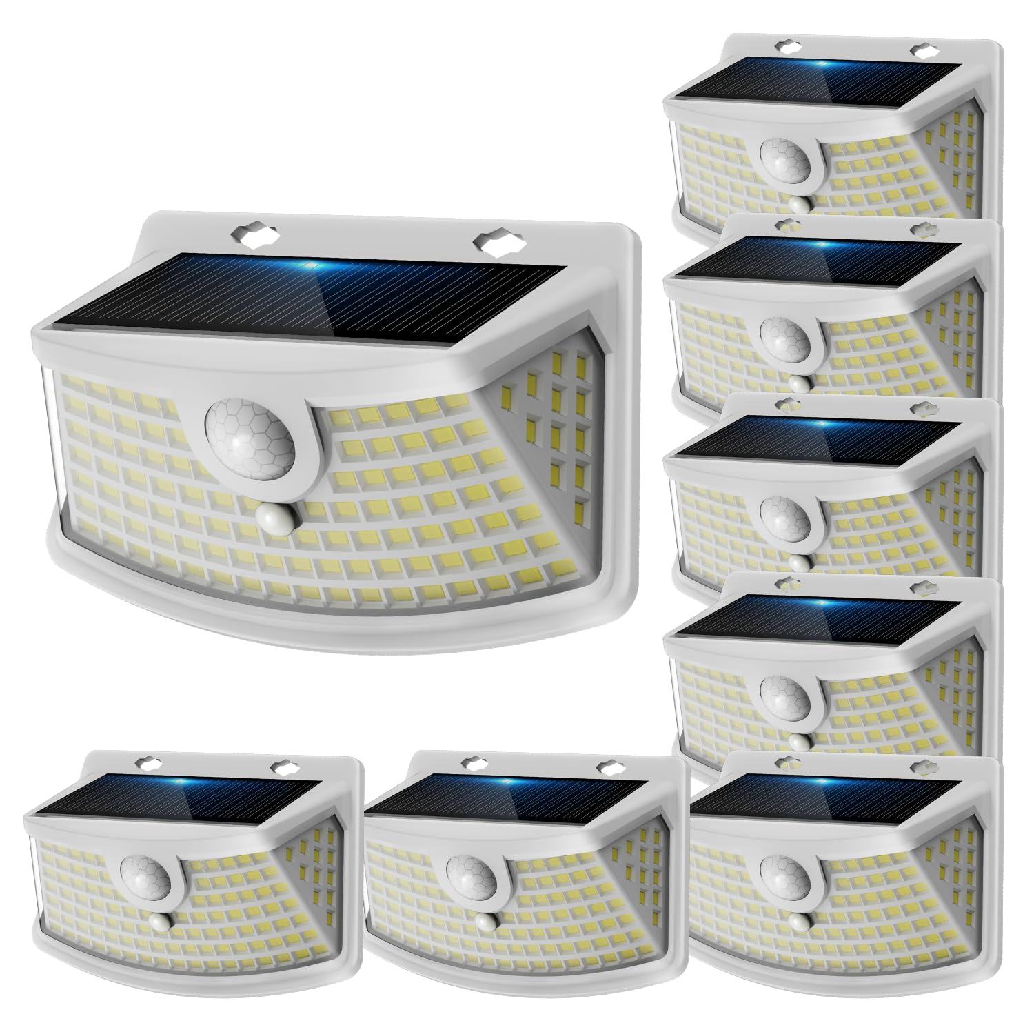 Aootek Focos Solares Exteriores LED - Sensor Movimiento 120 LEDs Ángulo Amplio 270° Impermeable IP65 Jardín Terraza Seguridad - Pack de 8, Carcasa Blanco, Luz Fría | Detector de movimiento 8 m, forma curva, batería de litio, carcasa blanca, luz fría