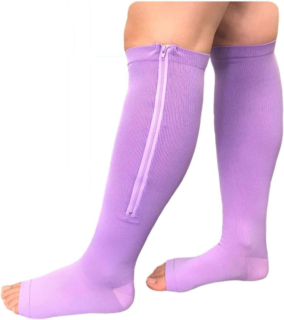Presadee Overnight Open Toe 15-20 mmHg Zipper Compression Grade Sleeping Night Time Leg Circulation Calf Swelling Relief Purple Socks (2XL)