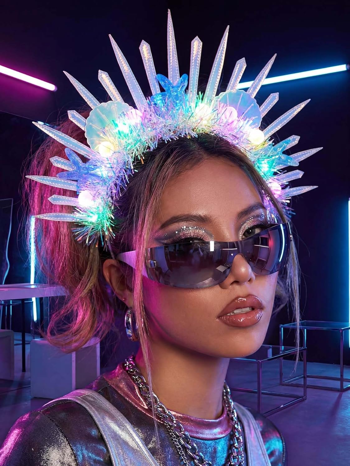 Light Up Star Crown Headband, Blue and Silver Glitter Stars, LED Rave Party Headwear Accessory for Women - Image 8