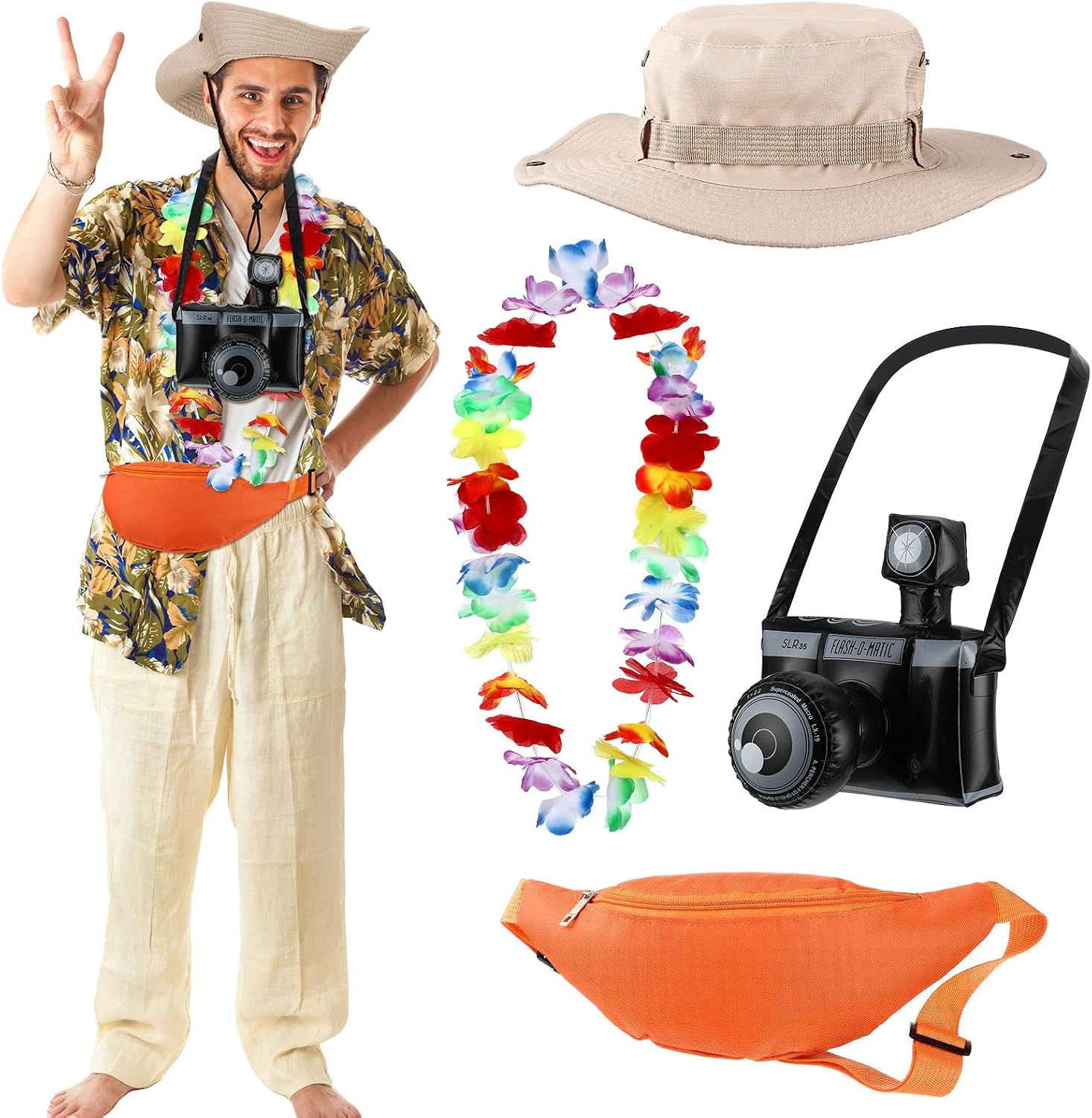 VioraWhite 4 Pcs Adult Tacky Tourist Costumes Set Funny Camera Hat Garland Set for Summer Beach Luau Party Halloween Decor