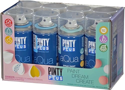 Pintyplus Aqua Spray Paint - Juego de 8 latas de pintura en aerosol a base de agua de 4.2 onzas. Acabado ultra mate. Perfecto para artes y