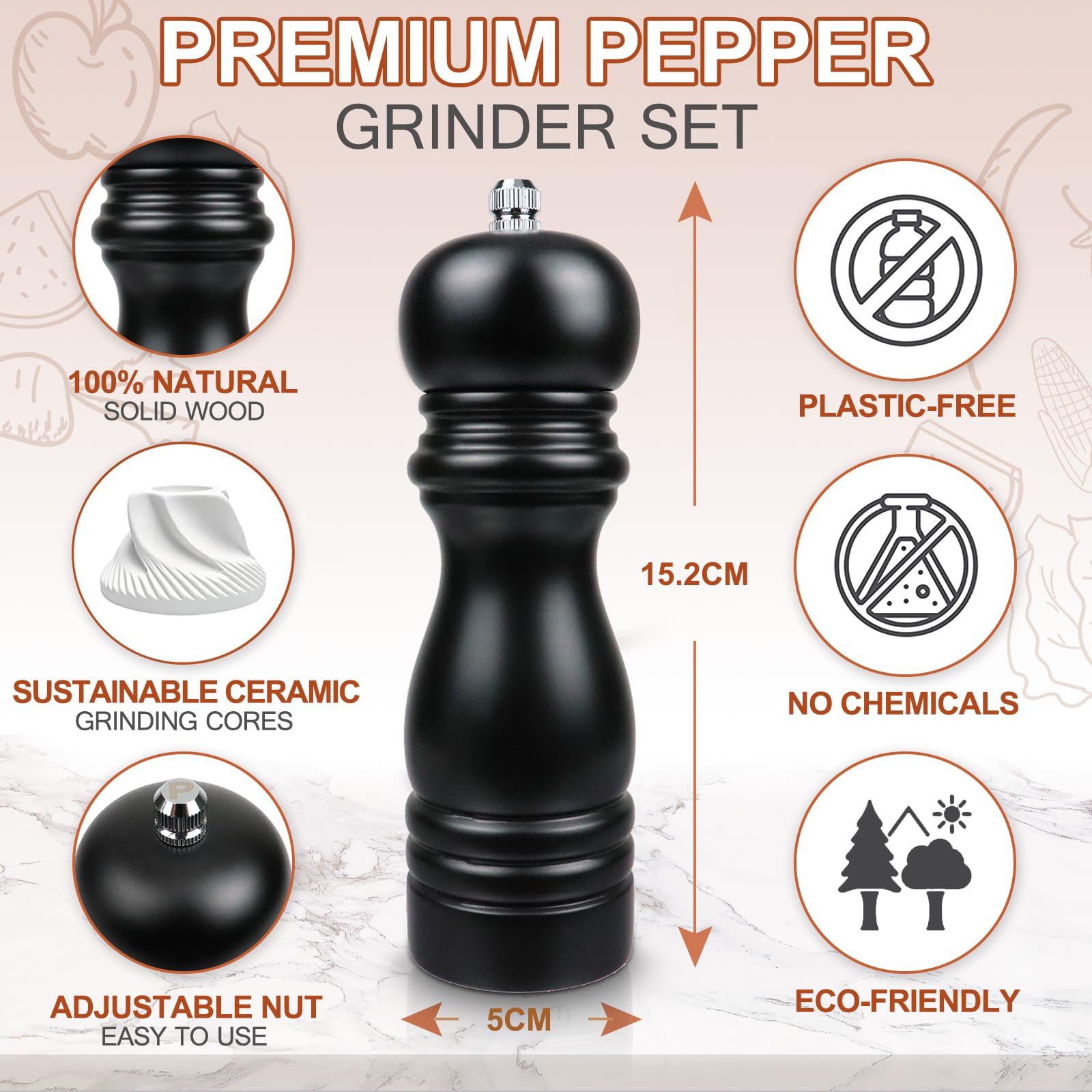 Macina Sale e Pepe Manuale, Macinapepe e Macinasale in Legno, Macinino per Spezie con Macina in Ceramica Regolabile da Fine a Grossolano, 2 Pezzi, Nero + Bianco (16.5cm)
