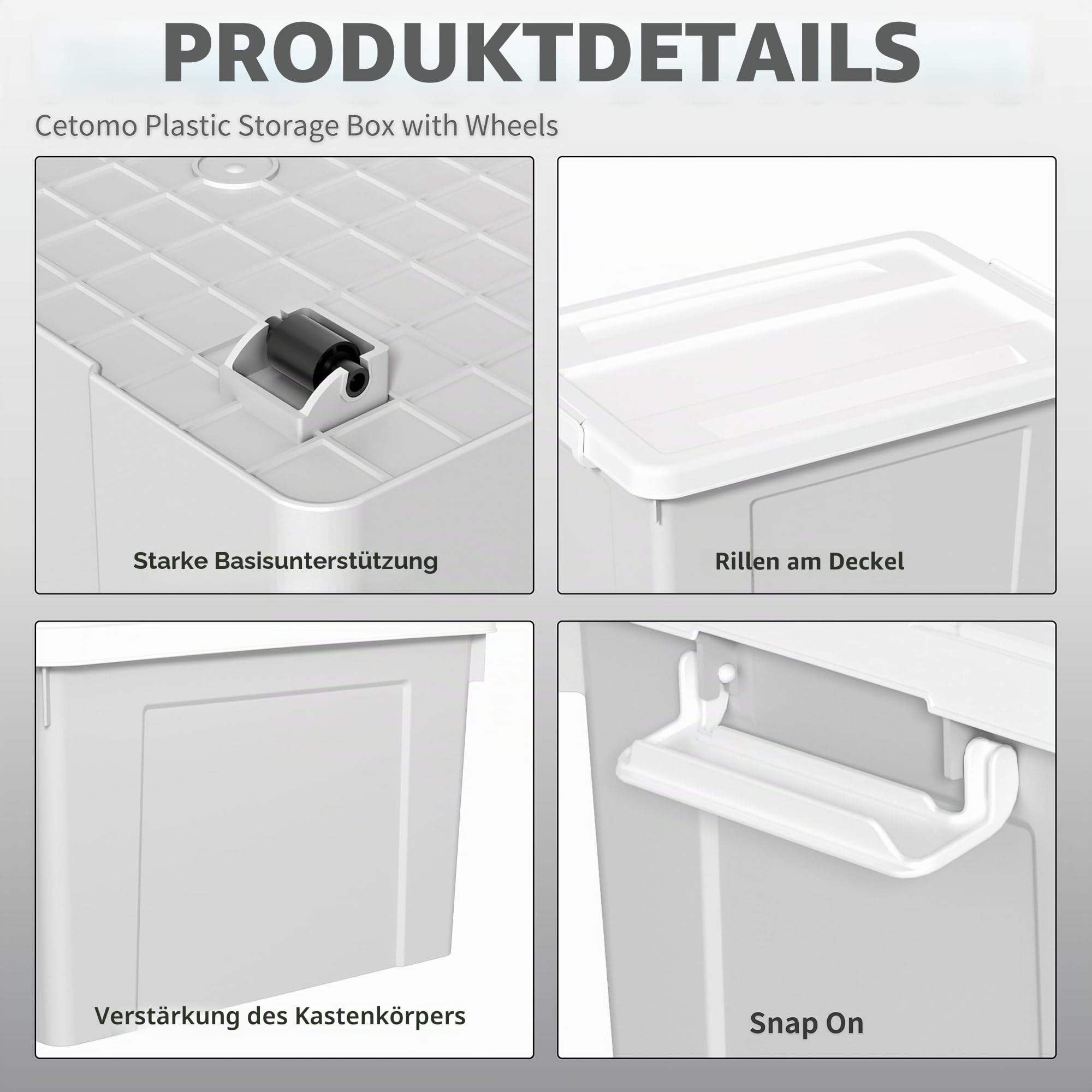 Cetomo 90L*6 Aufbewahrungsboxen, Aufbewahrungsbox mit Rollen & Deckel, Organizer-Behälter mit Clips, Stapelbar, Ineinander Nestbar, für Zuhause und Büro, Kunststoff, Grau, 90L-6er Pack