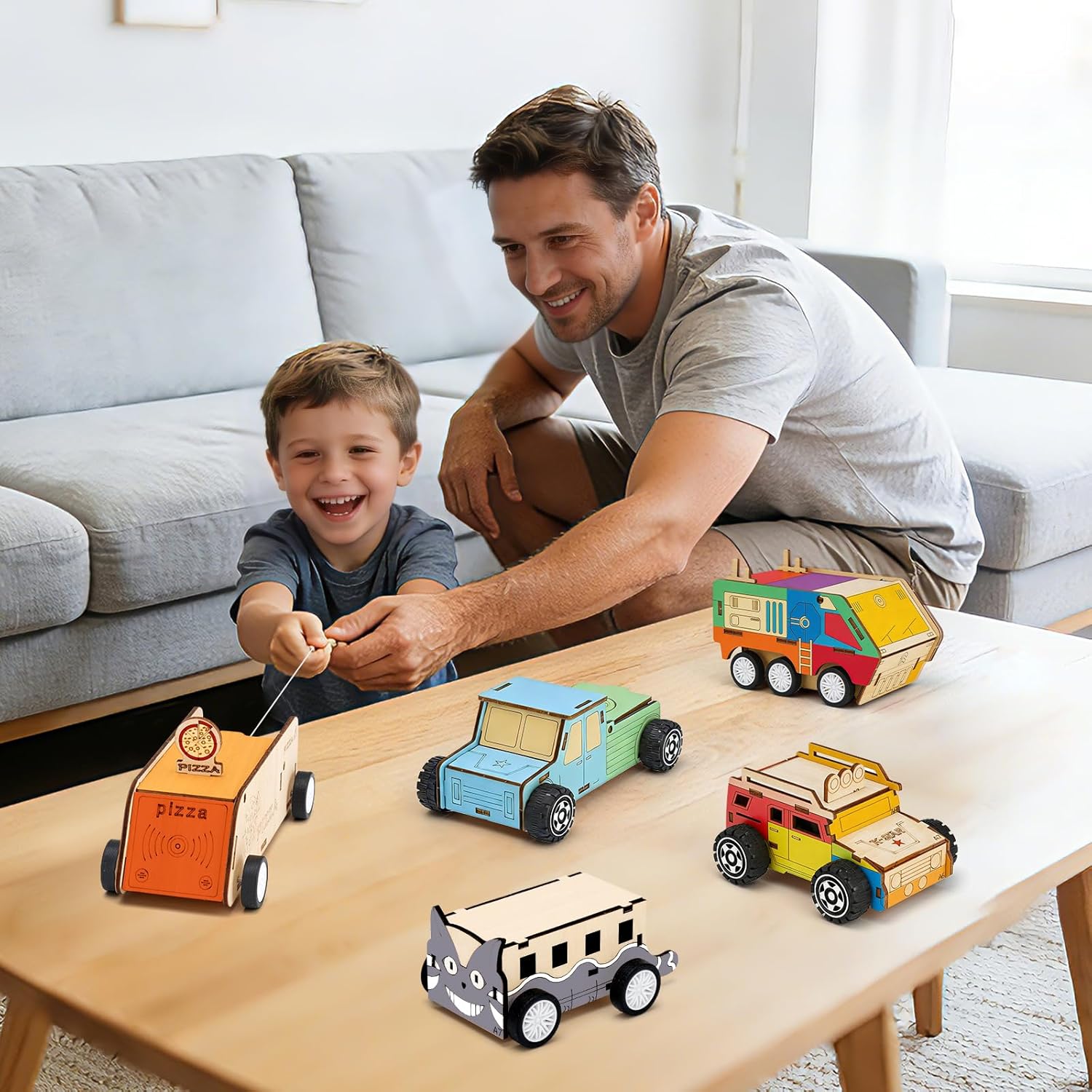 Minyaluck 5 Wooden Cars Craft Kit-Build & Paint Your Own Wood Model Car Kit,Wooden 3D Puzzles, Birthday Party Presents for Kids Boys and Girls