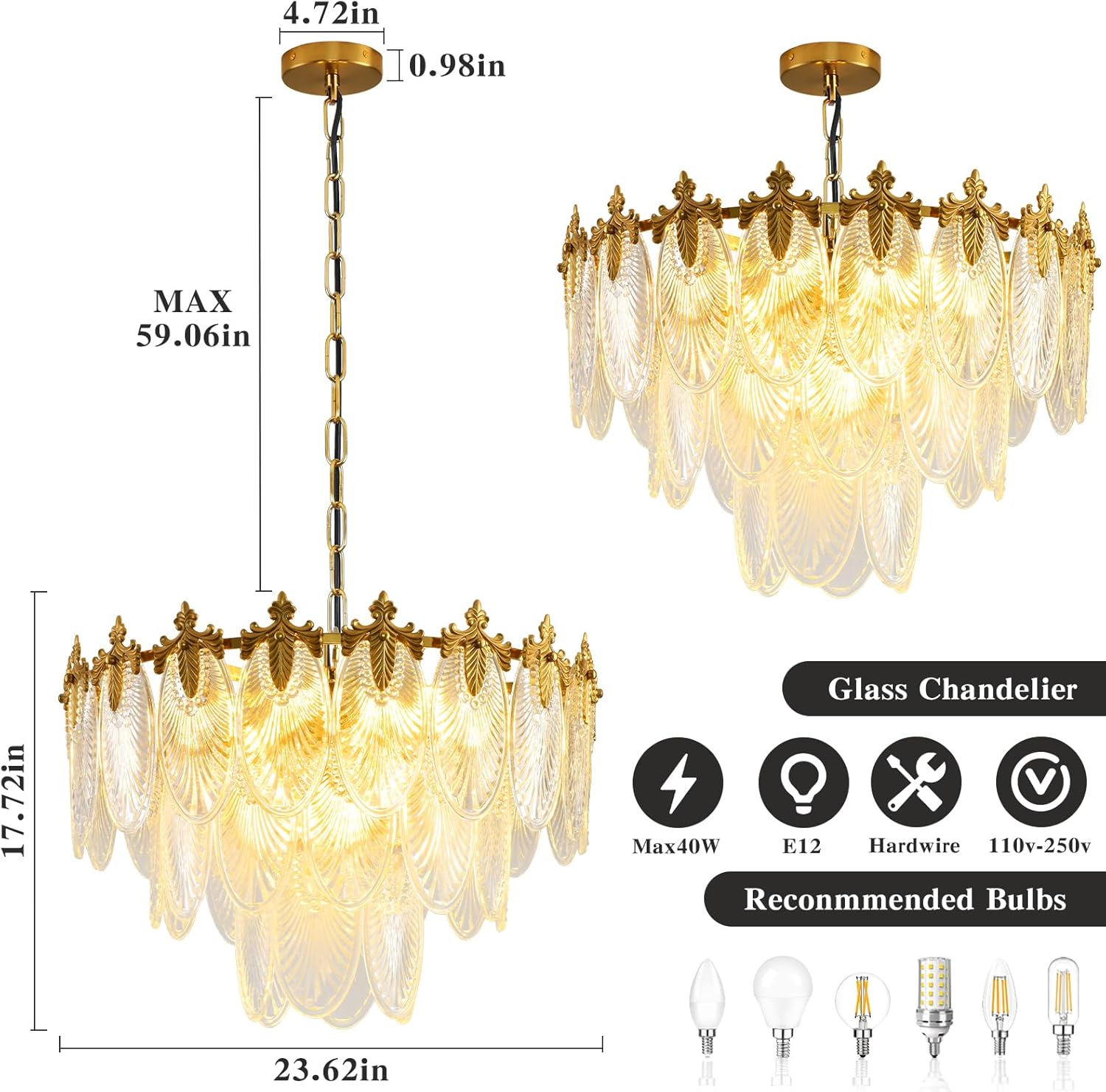 Antique Chandelier 3-Tier Glass Crystal Chandeliers, 9-Lights Gold Round Pendant Light 23.6" Brushed Brass Adjustable Height, Applicable to Dining Room, Bedroom, Living Room, Foyer, Kitchen