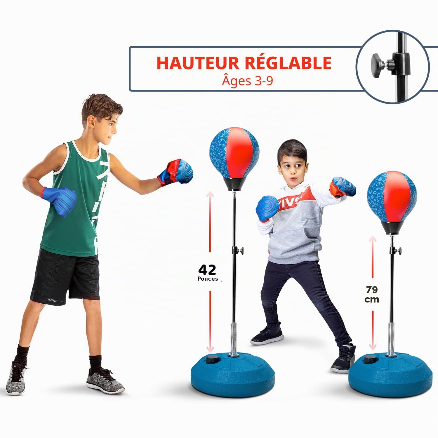 Sac de Frappe avec Support, pour Enfants et Adultes, Hauteur réglable – Sac de Frappe Autonome – Idéal pour l'entraînement MMA, Le soulagement du Stress et Le Fitness