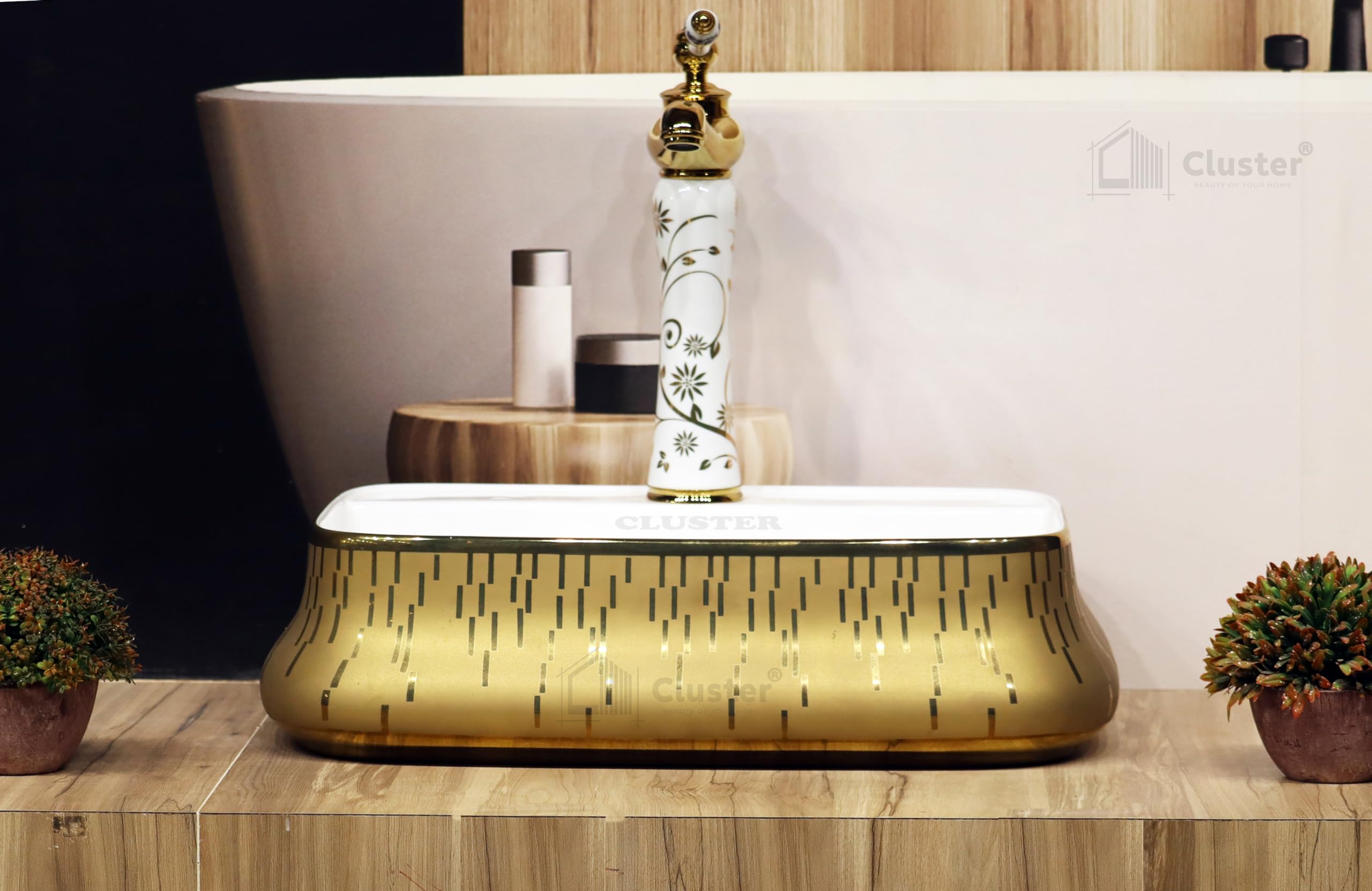 Imported Designer Glossy Ceramic Table Top/Counter Top/Wash Basin For Bathroom And Livingroom Decor, White & Golden, Rectangular, 520x305x145 mm (B0CSXMNPX1) Amazon Price History, Amazon Price Tracker