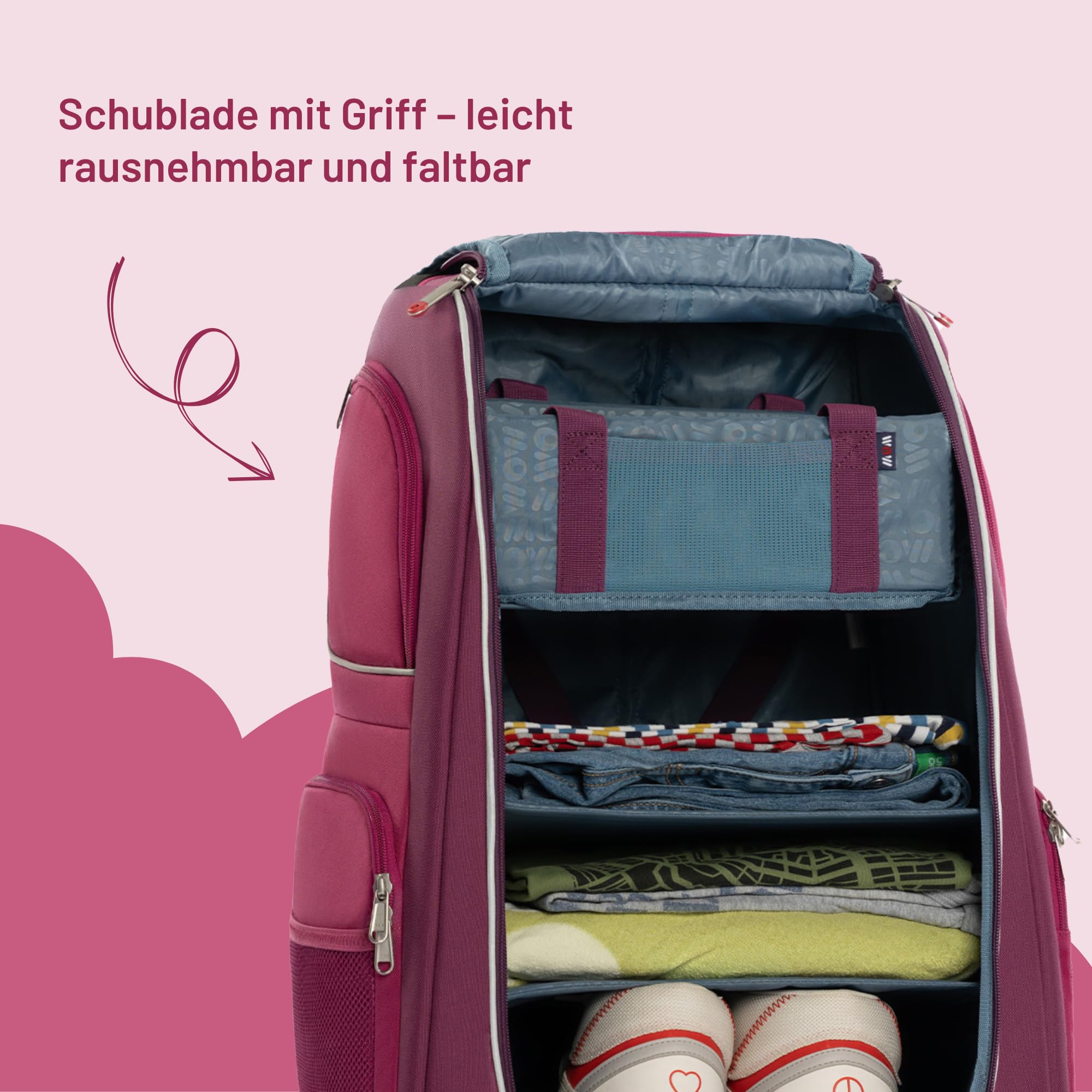 Kinder-Schranktrolley – Koffer mit Einlegeböden, Rollen & Teleskopgriff – mobiler Kleiderschrank für Kinder – 50L Trolley für Reisen, Urlaub & Übernachtungen (Berry)