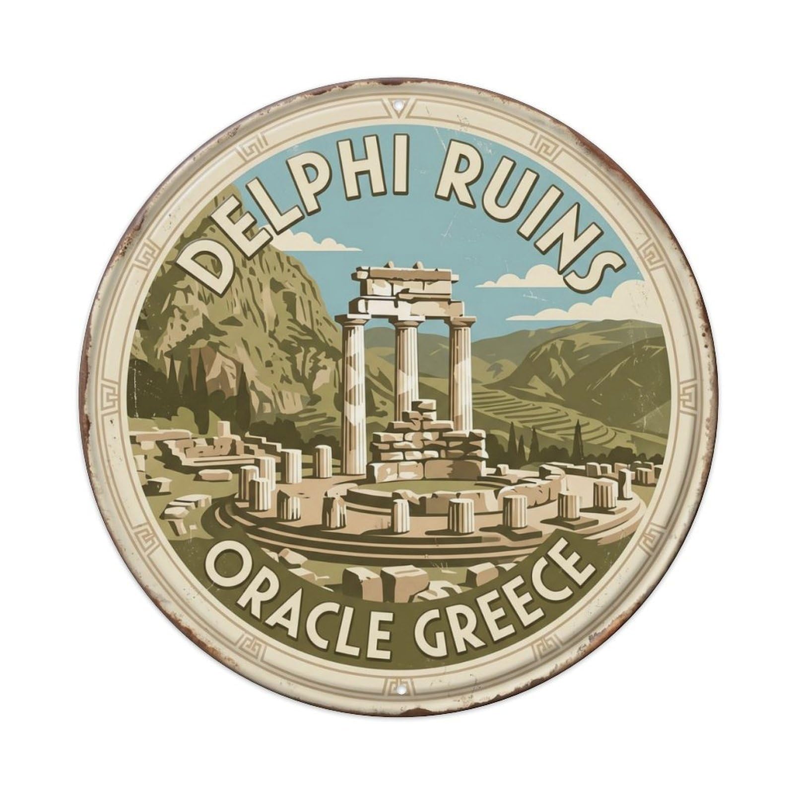 Delphi Ruins Oracle Greece Sanctuary Metal Tin Sign Plaque Wall Decor for Cafe, Club Bar, Office, Home Garden Round Metal Poster 8x8Inch
