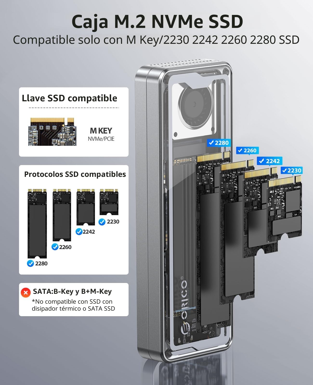 ORICO Adaptador de Carcasa SSD M.2 NVMe de 40 Gbps, Ventilador Integrado M.2, Carcasa Externa para M-Key SSD 2230/2242/2260/2280, Soporta hasta 8 TB, Compatible con Thunderbolt 3/4 USB4