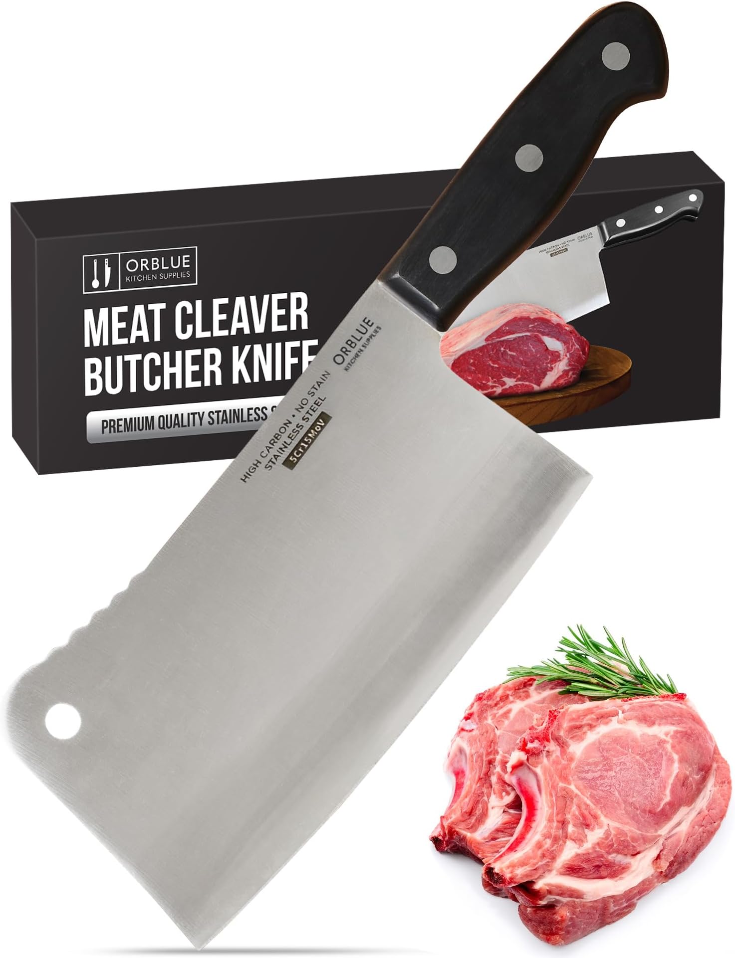 Orblue Premium Meat Cleaver - Stainless Steel Chef Butcher Knife for Cooking - Professional 7-Inch Blade for Precision Cutting - Perfect for Home Kitchen or Restaurant