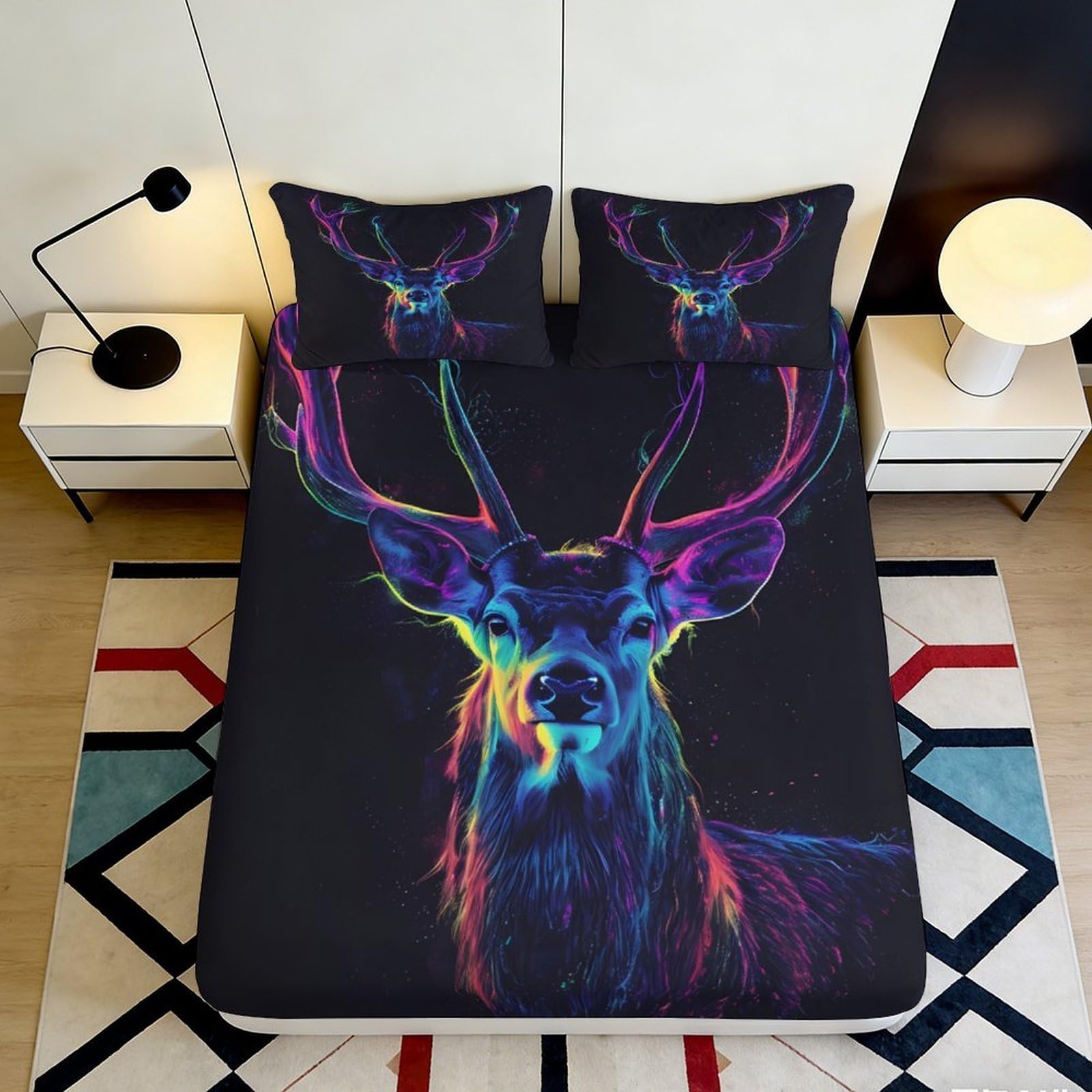 Pnayamiorkfel Style-9 3D Printed Neon Deer Fitted Sheet Microfiber Slip Resistant Bed Sheet Colourful Stag Mattress Cover Bedroom Decor 90X200x25cm