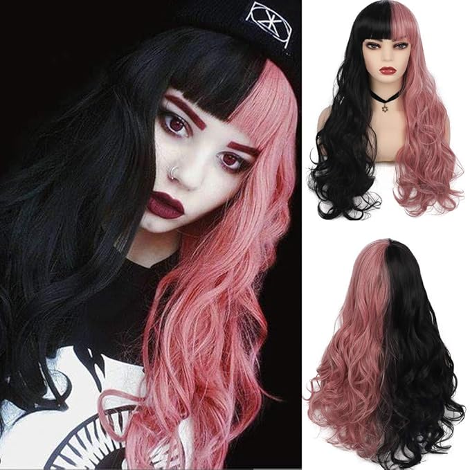 Amazon Com Swiking Half Pink Half Black Long Curly Wavy Wigs For Women With Bangs Synthetic Hair Halloween Cosplay Party Full Wigs Beauty Personal Care Amazon Com Swiking Half Pink Half Black Long Curly Wavy Wigs For Women With Bangs Synthetic Hair Halloween Cosplay Party Full Wigs Beauty Personal Care