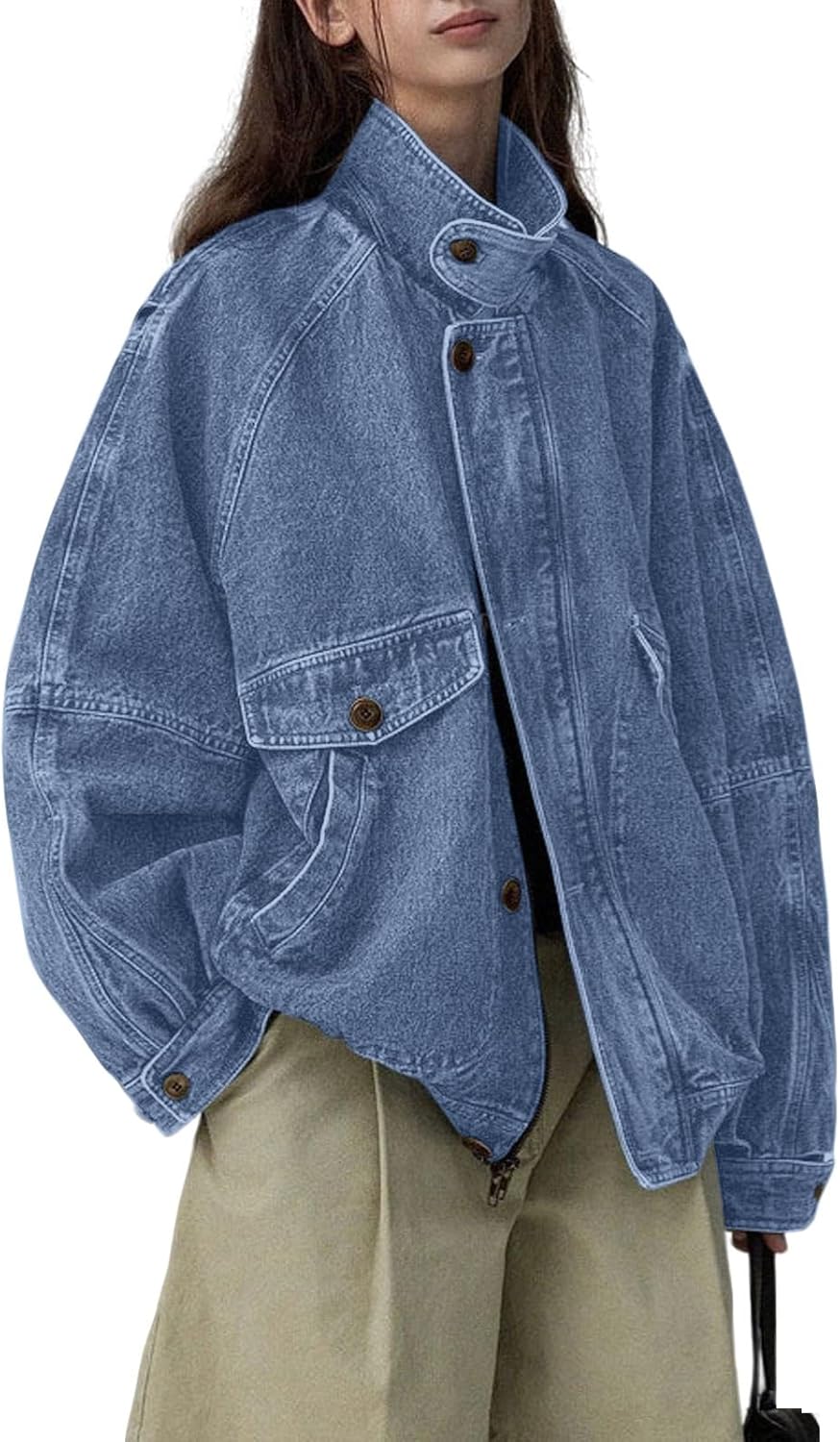 loveimgs Women Oversized Jean Jacket Zip Up Denim Trucker Jacket Boyfriend Pilot Coat Y2k Baggy Jean Jackets Fall Outwear