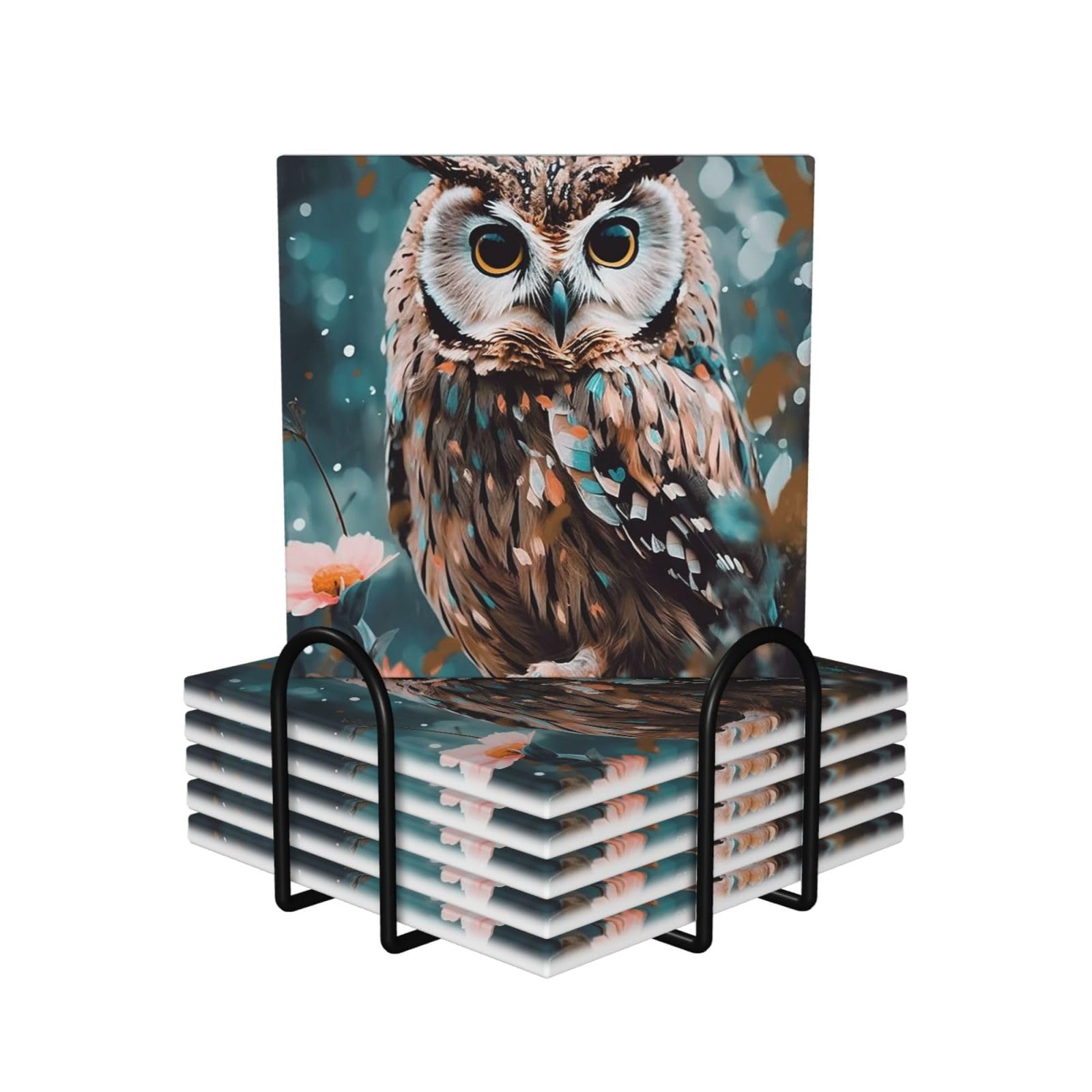 6Pcs Ceramics Coaster for Drinks, Animal Cute owl Cup Coasters with Holder, Aesthetic Drink Coasters for Coffee Table, Absorbent Round Coaster for Tabletop Protection 4" Cup Mat Pad