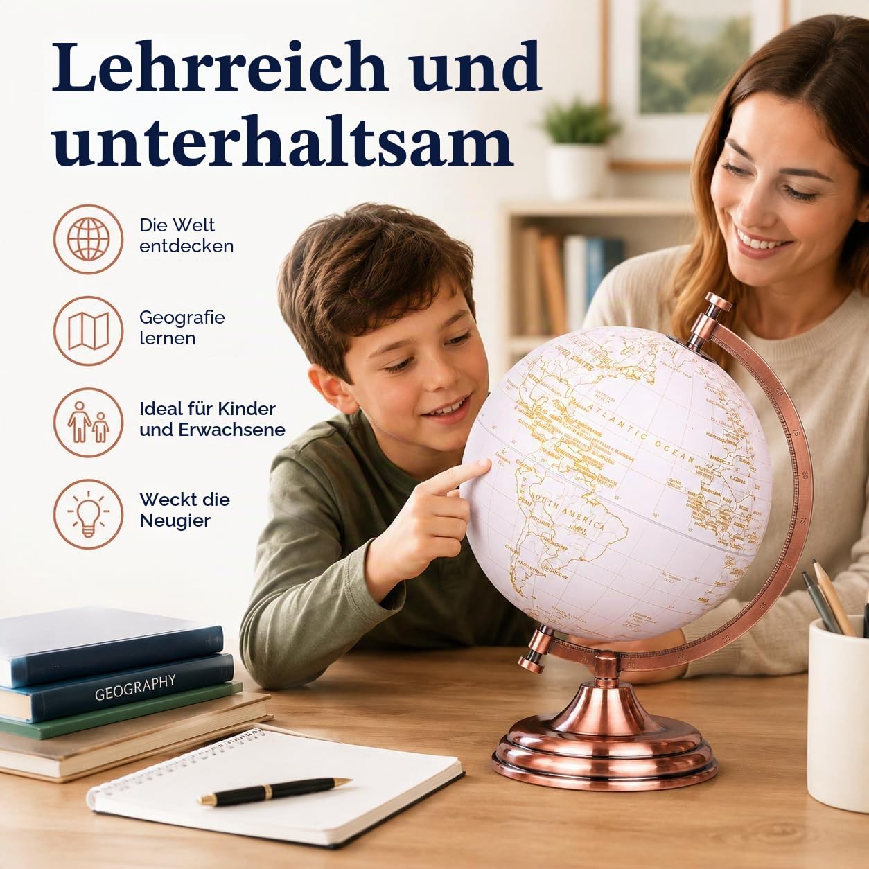 Exerz 20cm Globus Golden Farbe Metallisch - Pädagogische, Geografische, Moderne Desktop-Dekoration - Metallbogen Und -Basis, In Goldener Farbe Beschichtet - Englische Karte