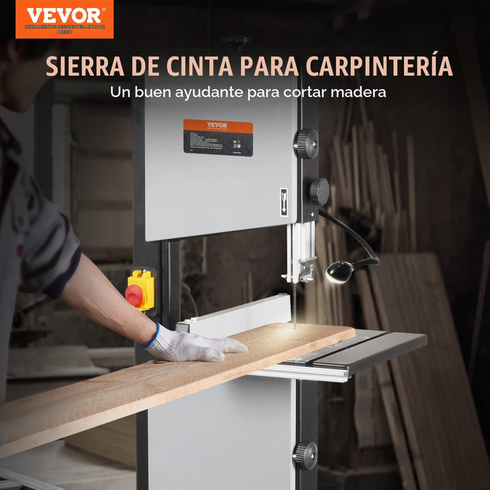 VEVOR 370 W Sierra de Cinta con Soporte de Mesa de Dos Velocidades de 506 RPM/920 RPM con Guía y Calibre de Inglete, Ancho de Garganta 245 mm, Altura de Corte de 160 mm para Carpintería, Aluminio