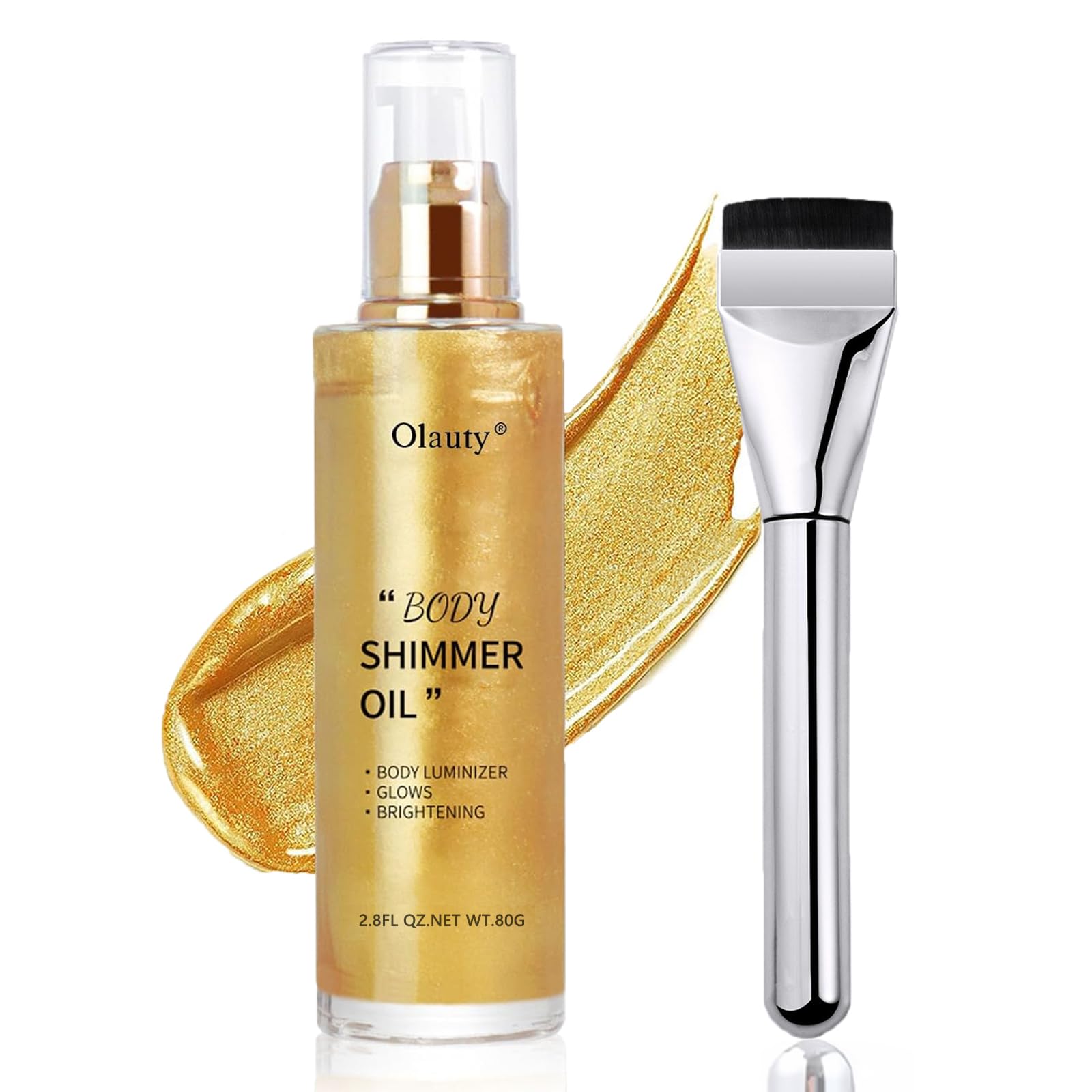 Body Shimmer Oil Gold 4 Color Face Brighten Luminizer Glow for Face & Body, Summer Glow Pearl Highlighter Liquid Illuminator Makeup With Brush (#2, 2.8 Fl Oz)