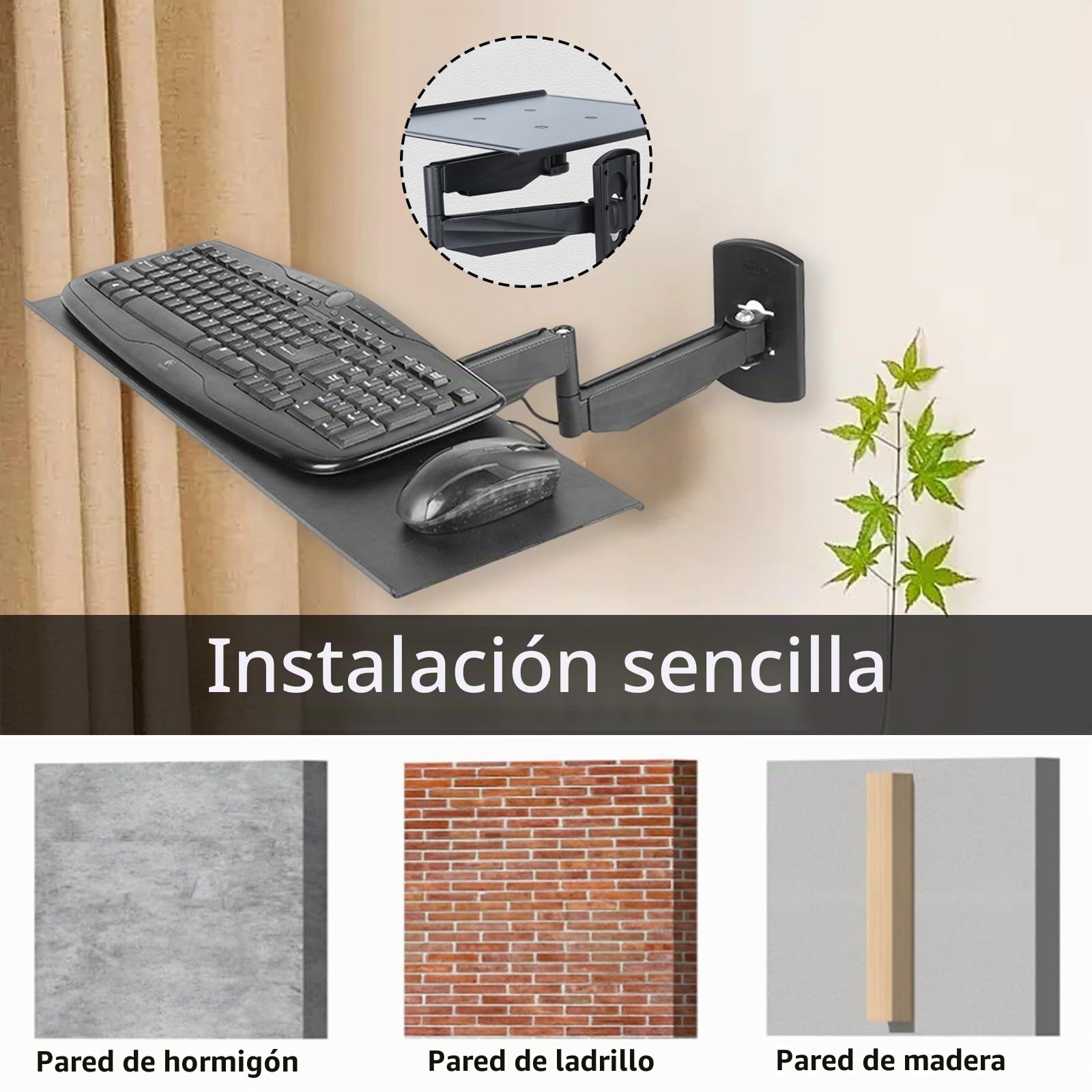 Plataforma para Teclado, Soporte de Pared Soporte de Poste para Bandeja de Teclado Bandeja giratoria y Plegable para Escribir Hogar u Oficina