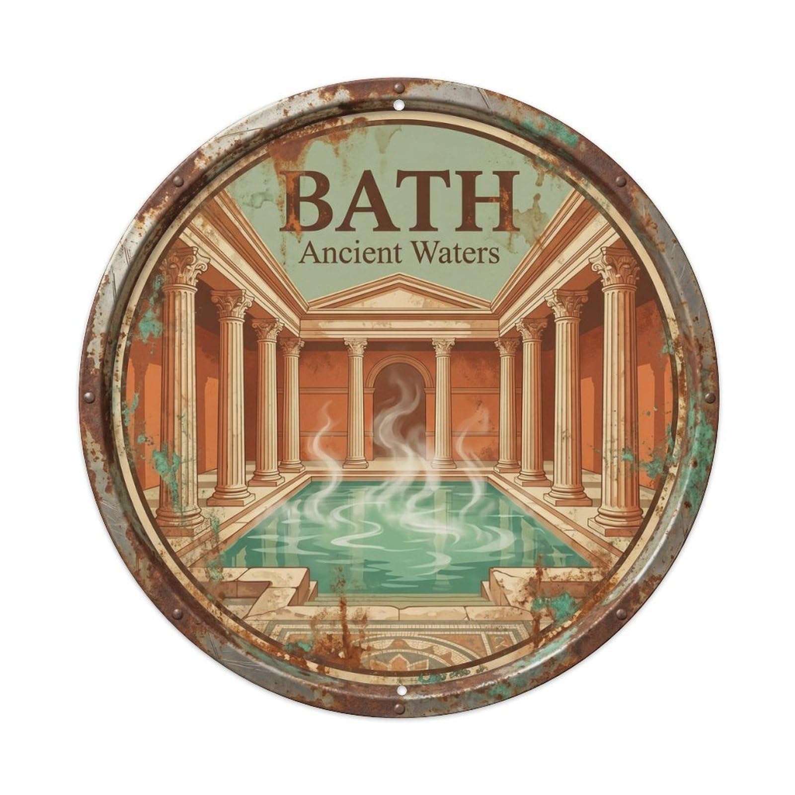 Baths Ancient Lounge Thermal Metal Tin Sign Plaque Wall Decor for Cafe, Club, Garden Round Metal Poster 8x8Inch