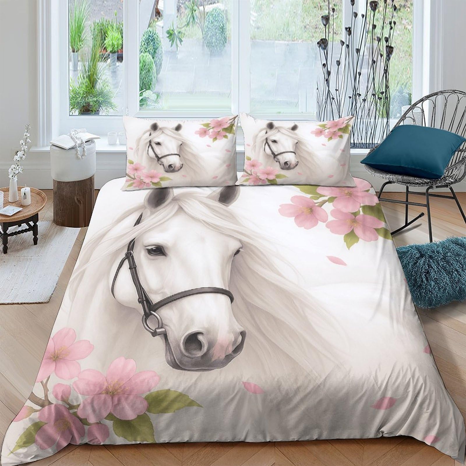 Ctjqhvkz Style-1 3D Printed White Horse Blossom Fitted Sheet Microfiber Soft Non Slip Bed Cover For Bedroom Guest Room Decor Single（135X200cm）