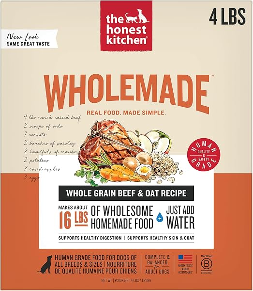 The Honest Kitchen Human Grade Wholemadeâ„¢ Dehydrated Dog Food, Whole Grain Beef & Oat, 4 lb (makes 16lbs)