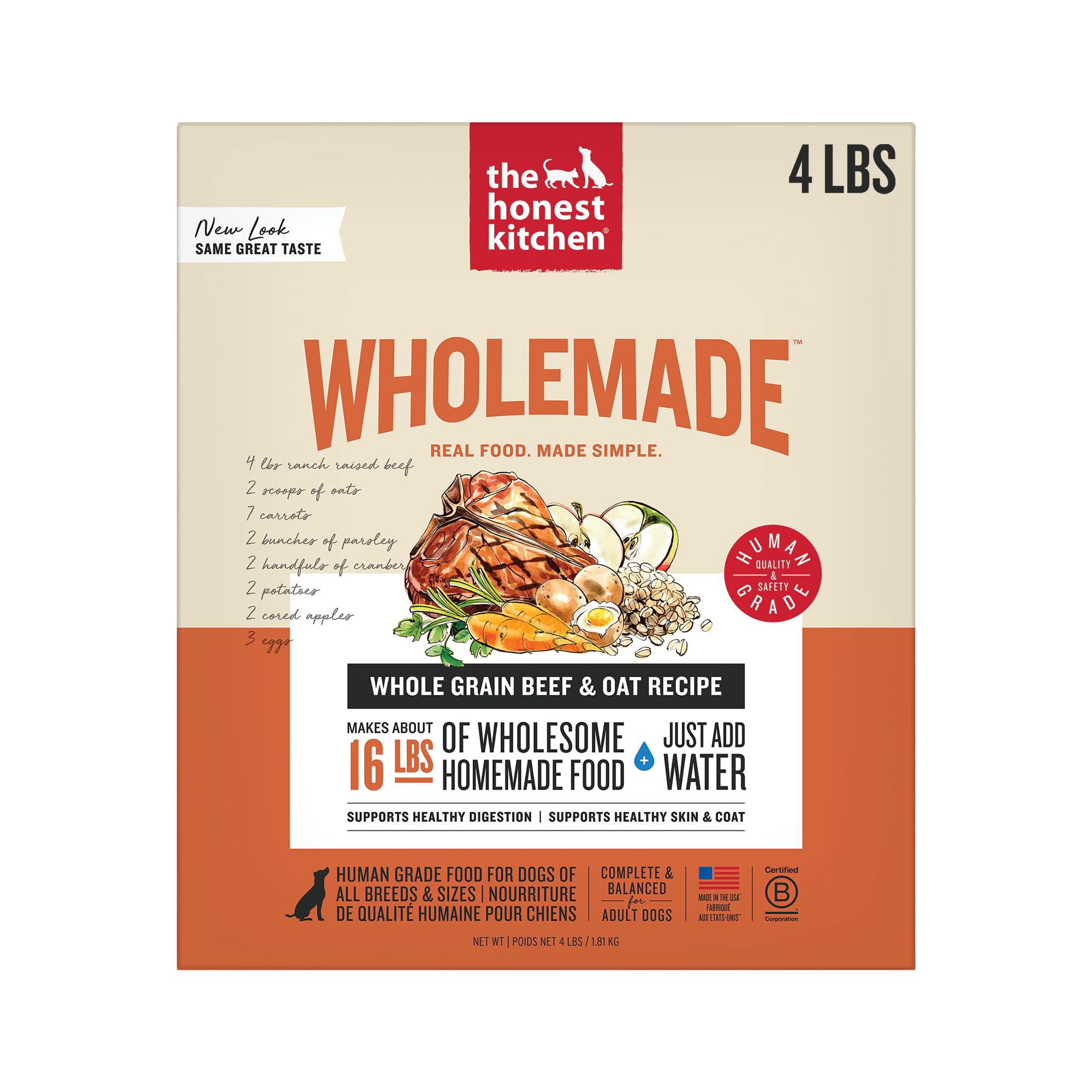 The Honest Kitchen Human Grade Dehydrated Whole Grain Dog Food – Complete Meal or Dog Food Topper – Beef 4 lb (makes 16 lbs)