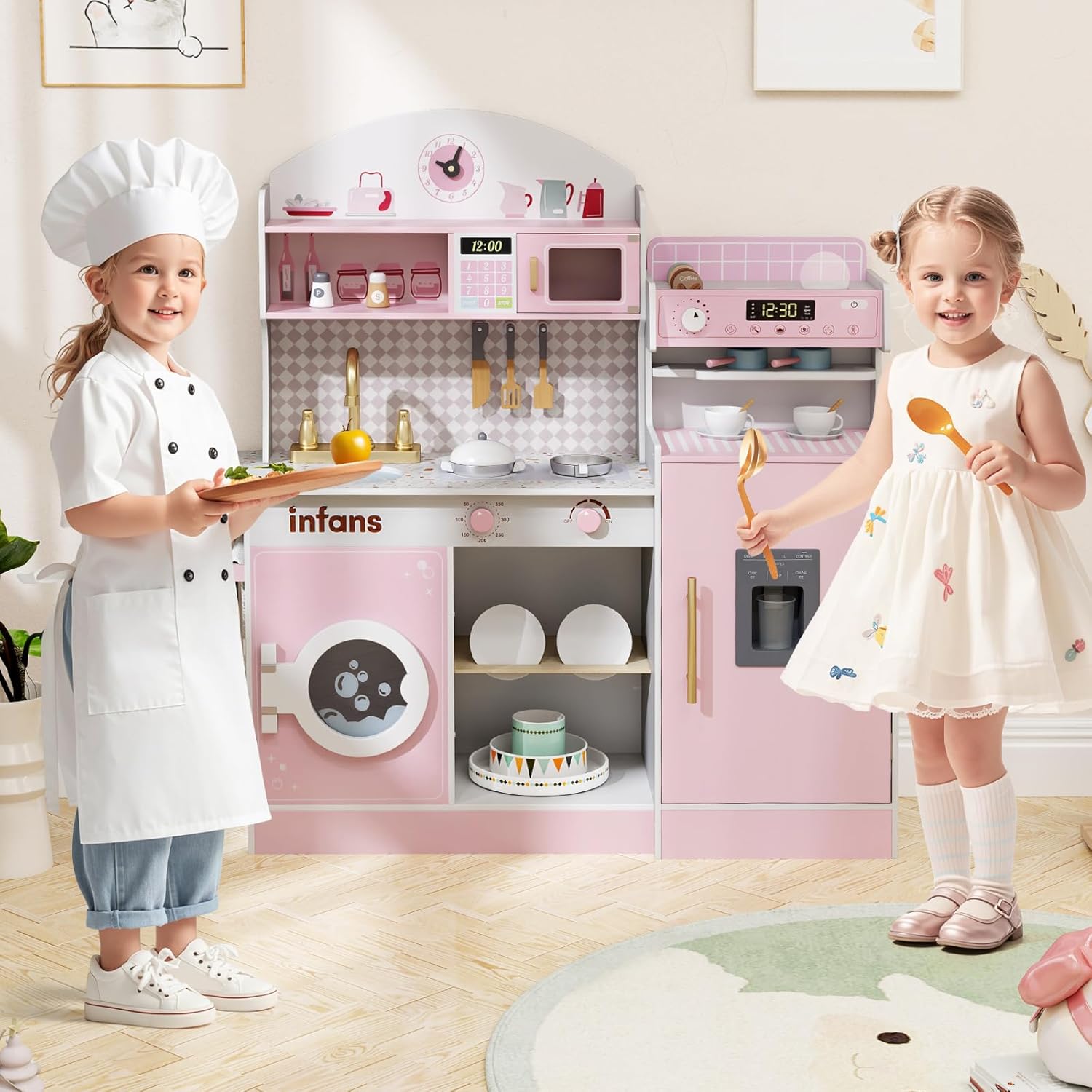 INFANS Kids Kitchen Playset, Toddler Wooden Kitchen Pretend Cooking Toy Set with Coffee Maker Ice Machine Dishwasher Microwave Storage Cabinet, Simulation Play Kitchen for Boys Girls 3+