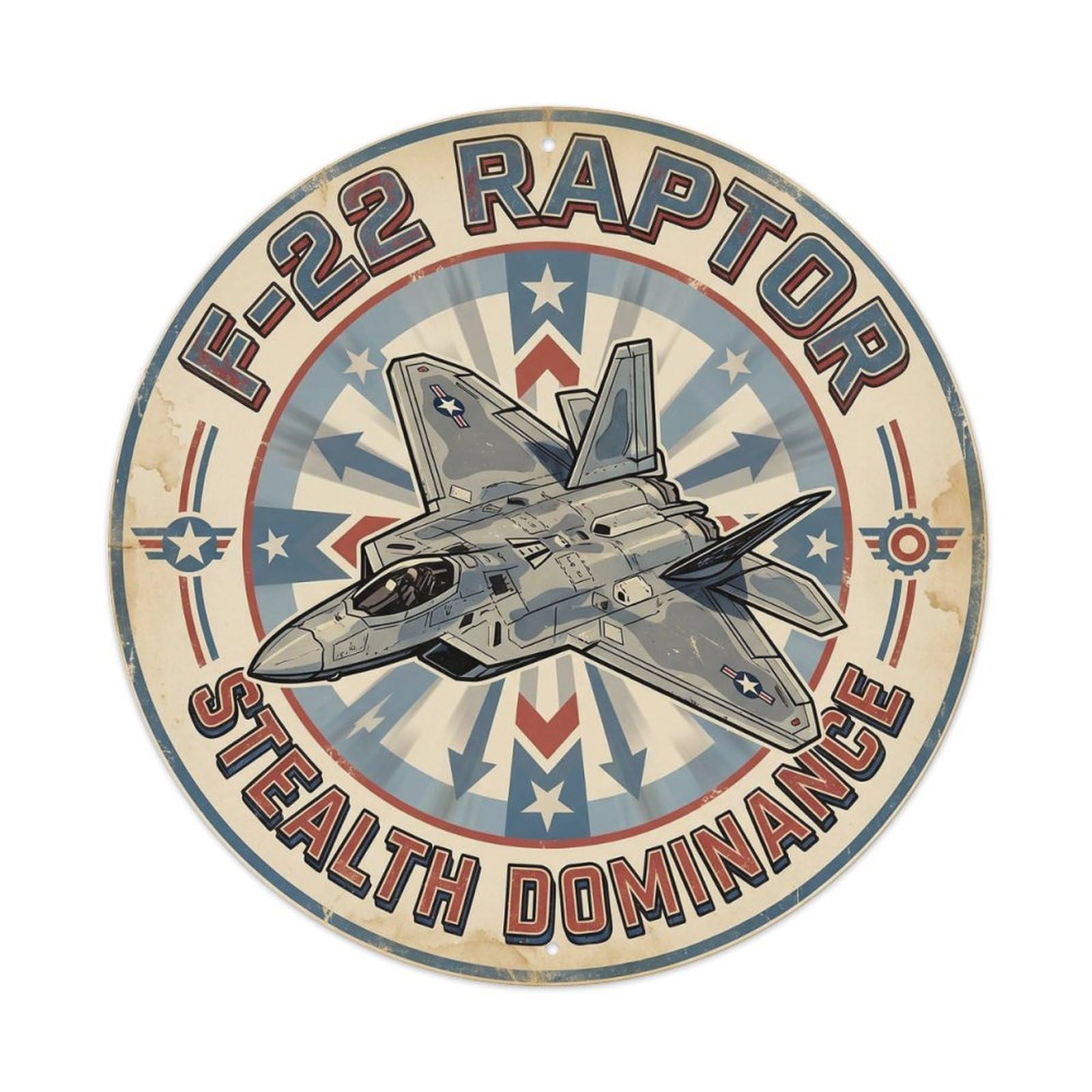 Stealth Fighter Aircraft F-22 Raptor Military Aviation Metal Tin Sign Plaque Wall Decor for Cafe, Man Cave, Club Bar, Office, Home Garden Round Metal Poster 8x8Inch