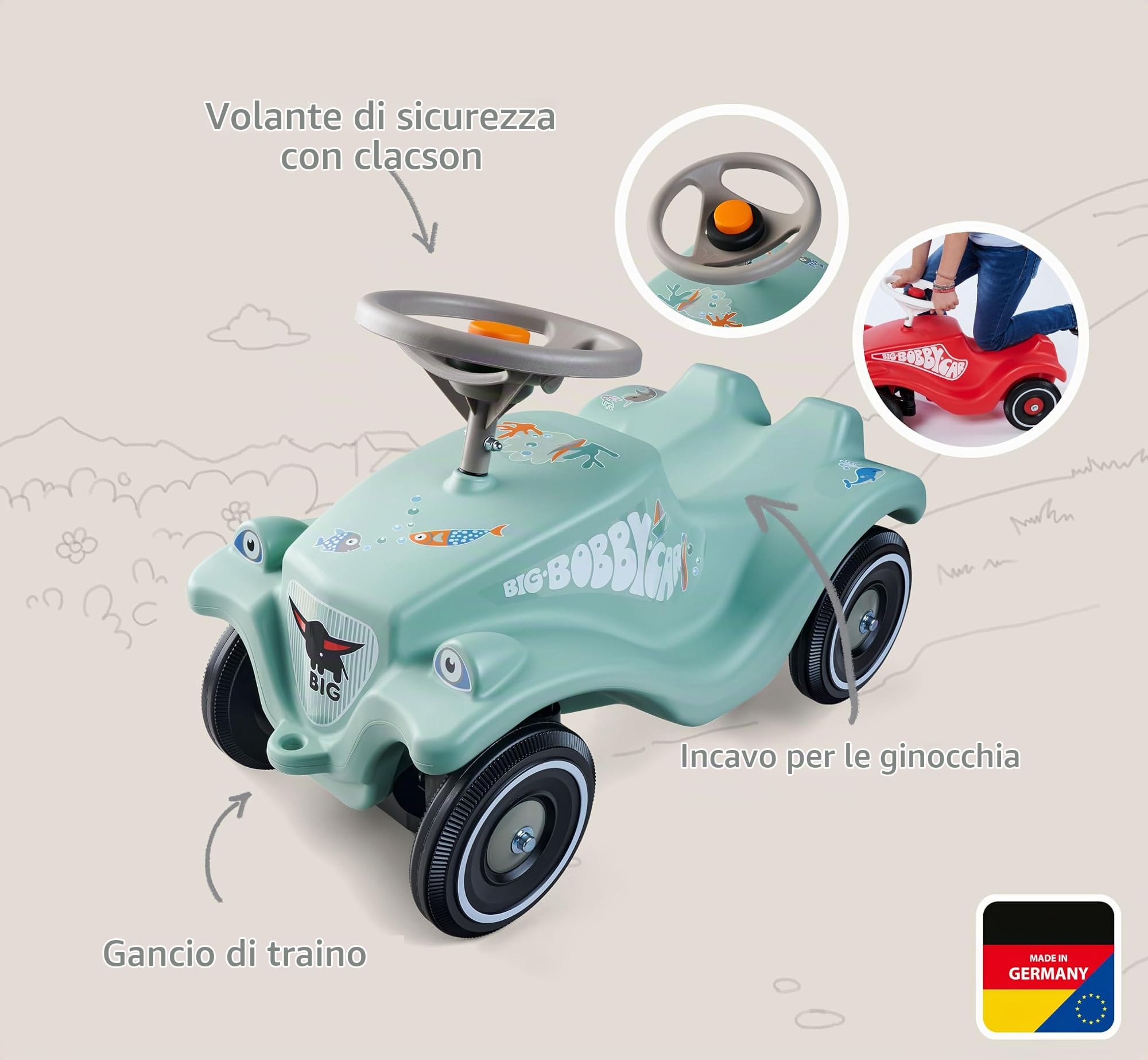 Big Bobby Car Classic Green Sea - Auto antiscivolo a partire da 1 anno in su, con volante di sicurezza grigio e clacson, per bambini da 1 a 5 anni (fino a 50 kg), salvia con adesivi