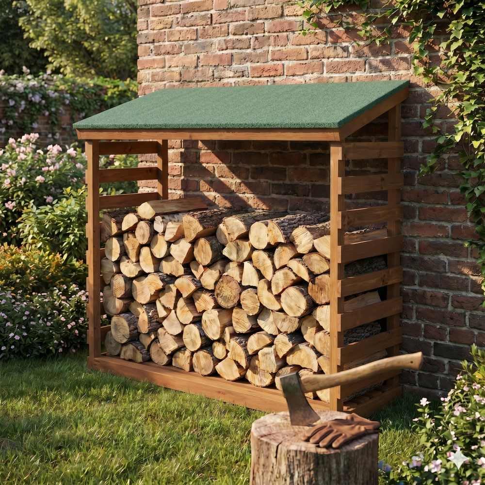 SUNWOOD Leñera de exterior de pino Clase 4 – 204 x 70 x 184 cm – Techo con revestimiento de pizarra – Leña protegida y seca