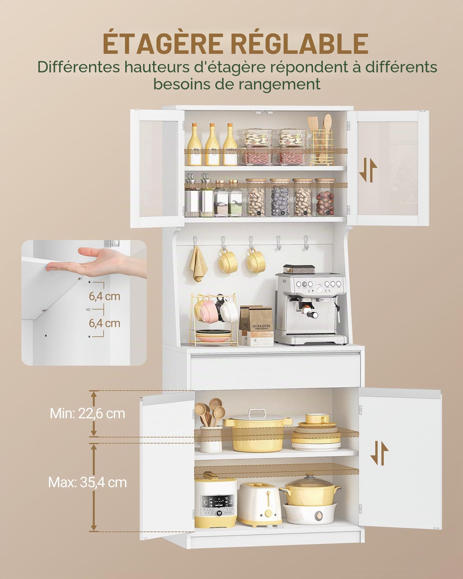 Hzuaneri Meuble Cuisine, Buffet Haut, Meuble de Rangement avec Plan de Travail et 4 Compartiments de Rangement, Cuisine, Salon, 40 x 75 x 180 cm, Blanc Naturel, PT40003XV1